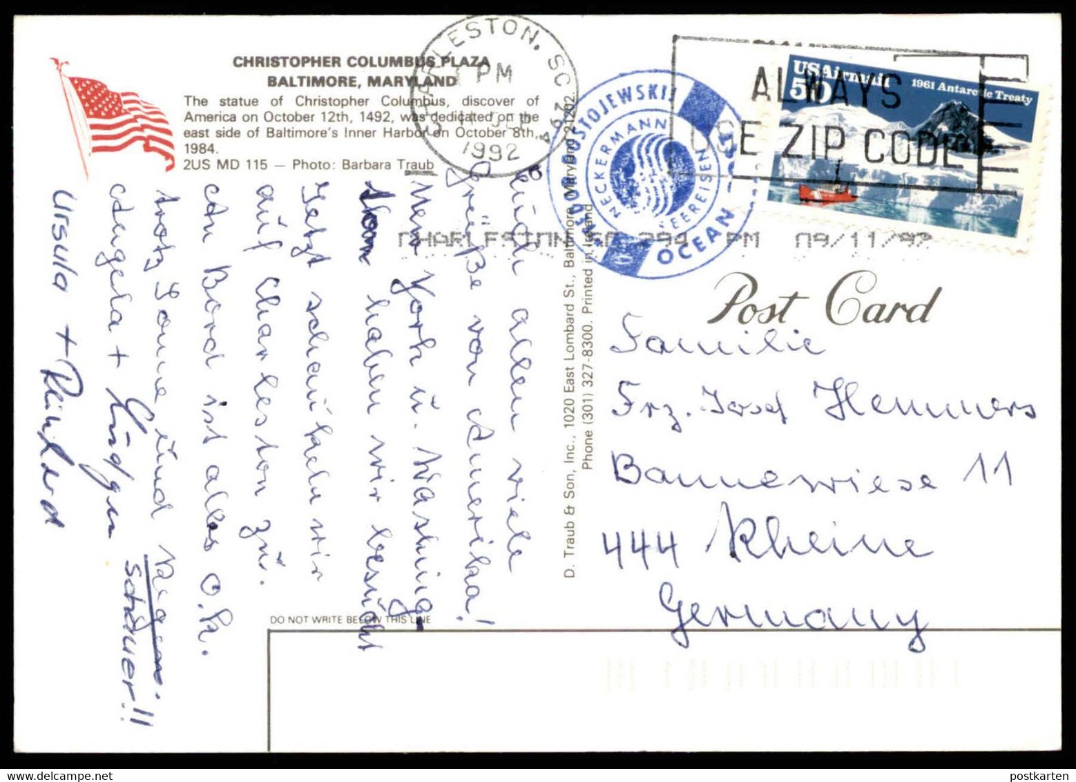 ÄLTERE POSTKARTE BALTIMORE CHRISTOPHER COLUMBUS 1492-1992 QUINCENTENNIAL Schiffsstempel Fedor Dostojewski Cpa Postcard - Baltimore