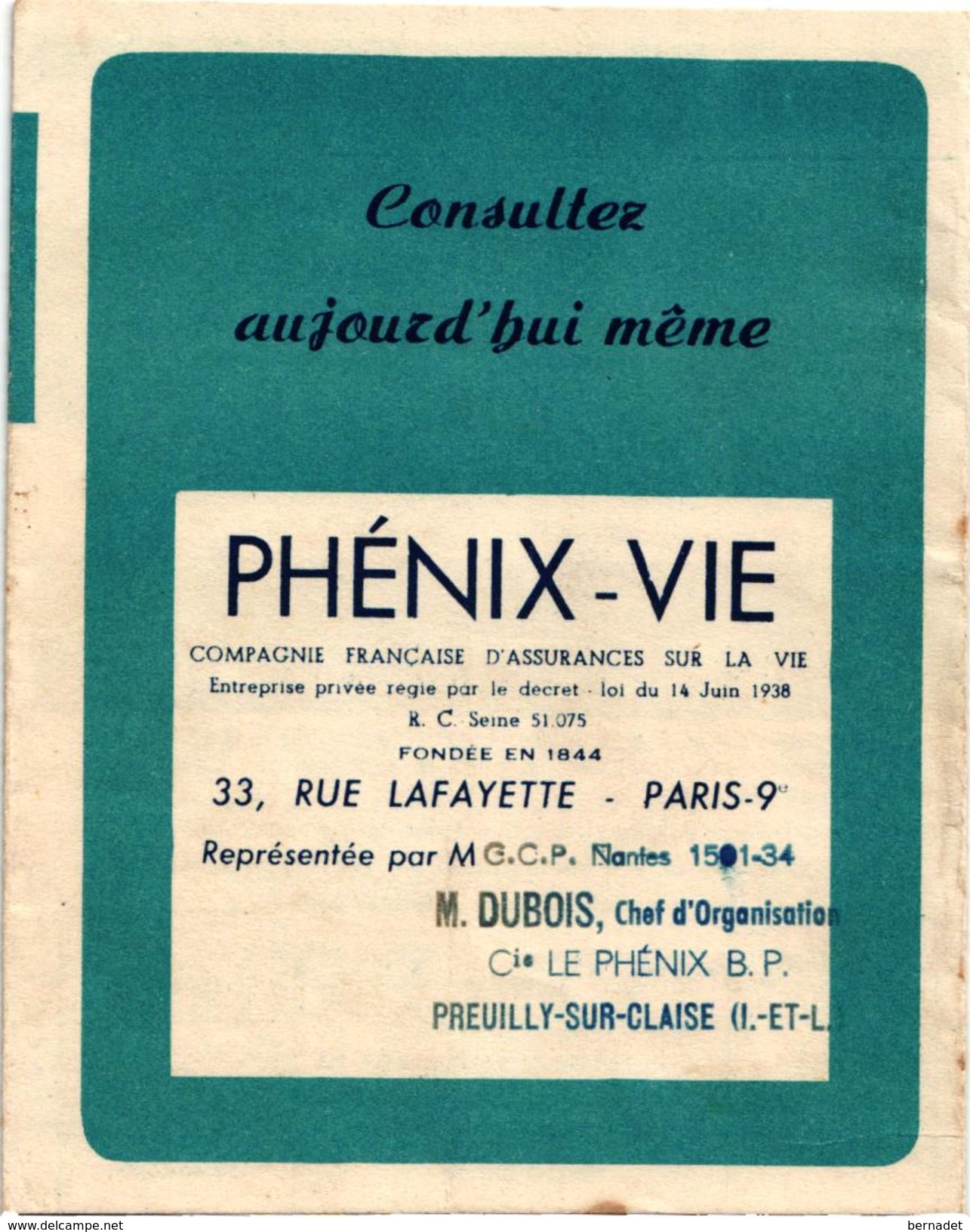 PHENIX VIE .. PREVENIR .. M. DUBOIS PREUILLY SUR CLAISE - Bank & Versicherung