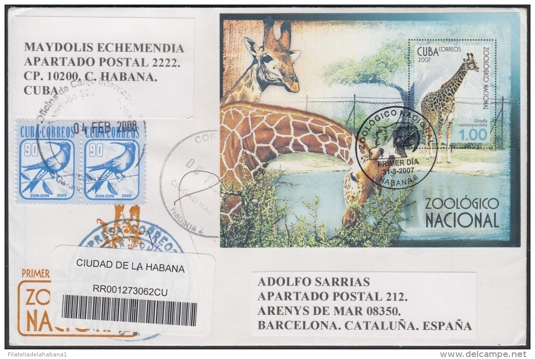 2007-FDC-95 CUBA 2007 FDC REG. COVER TO SPAIN. ZOOLOGICO ZOO JIRAFA . GIRAFFE. - FDC