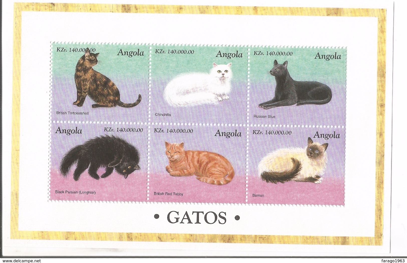 1998 Angola Cats Chats Miniature Sheet Of 6 MNH - Angola