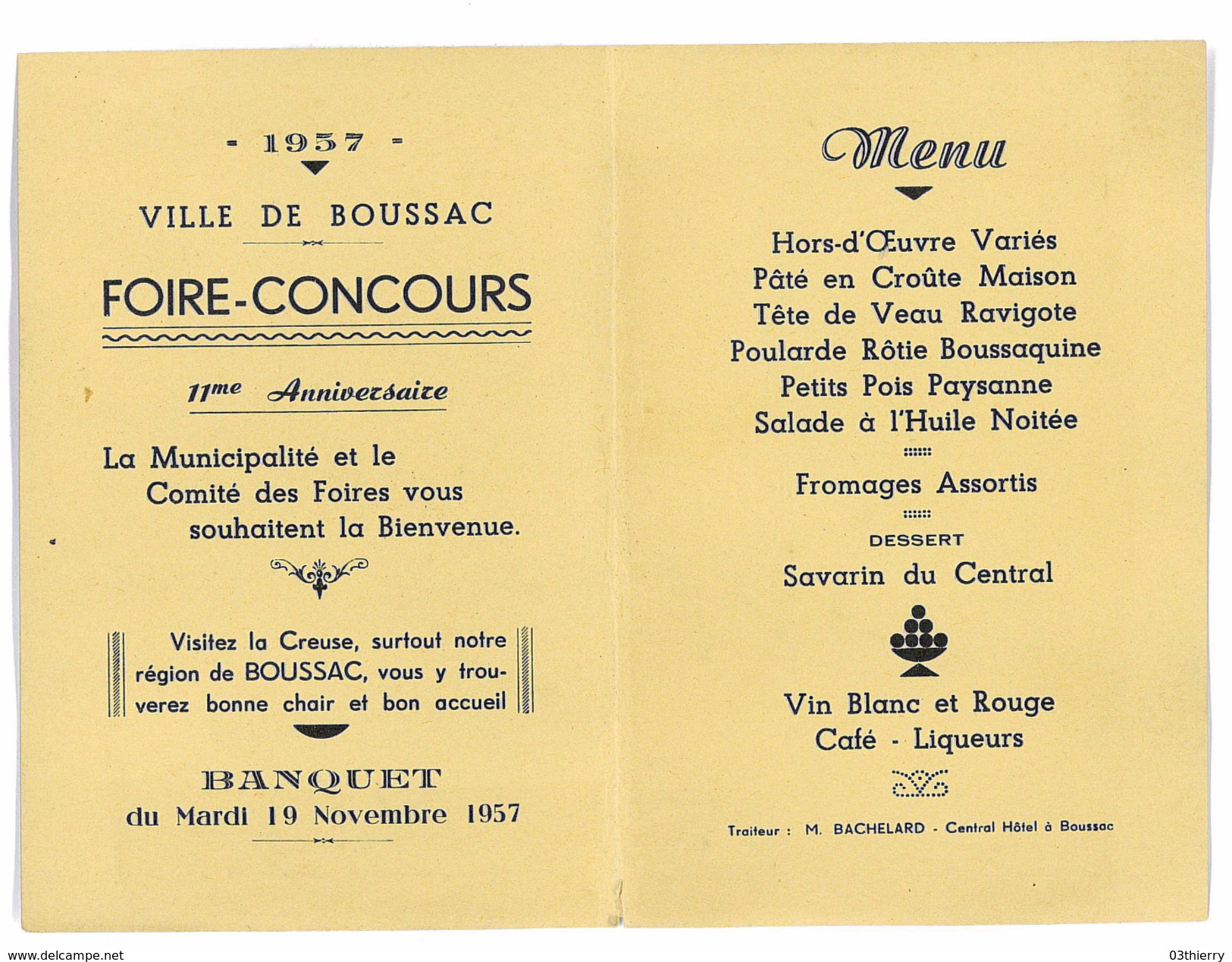 MENU FOIRE-CONCOURS BANQUET DU 19 NOVEMBRE VILLE DE BOUSSAC 1957 CREUSE 23 - Menükarten