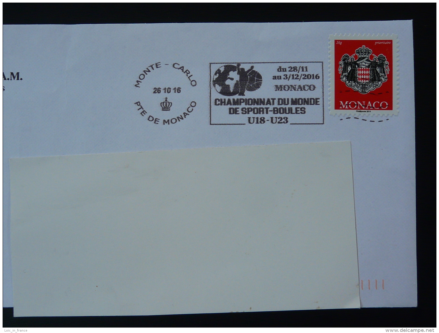 26/10/2016 Championnat Du Monde Sport Boules Petanque Flamme Monaco Sur Lettre Postmark On Cover - Boule/Pétanque