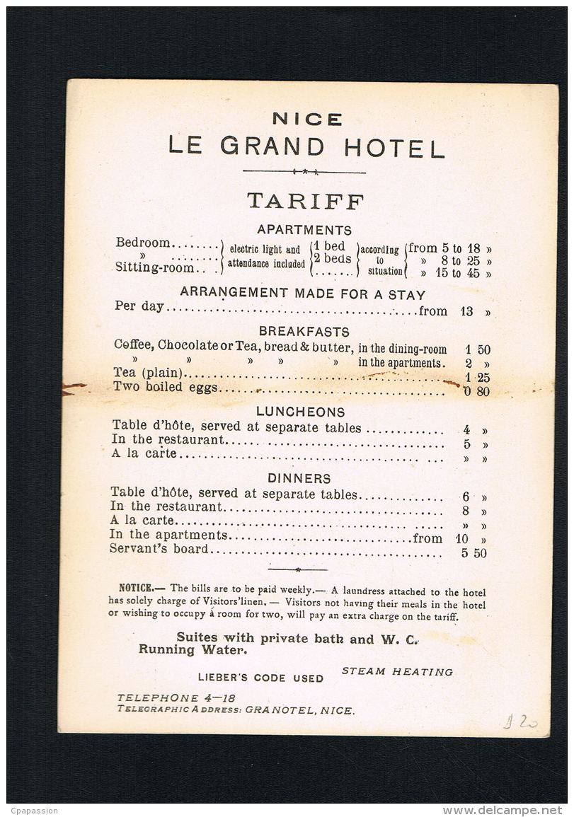 NICE -LE GRAND HOTEL  - Lumière Electrique- Cpa Format 14 X 10,5 - Tarifs Au Verso  Scanné- Paypal Sans Frais - Cafés, Hôtels, Restaurants