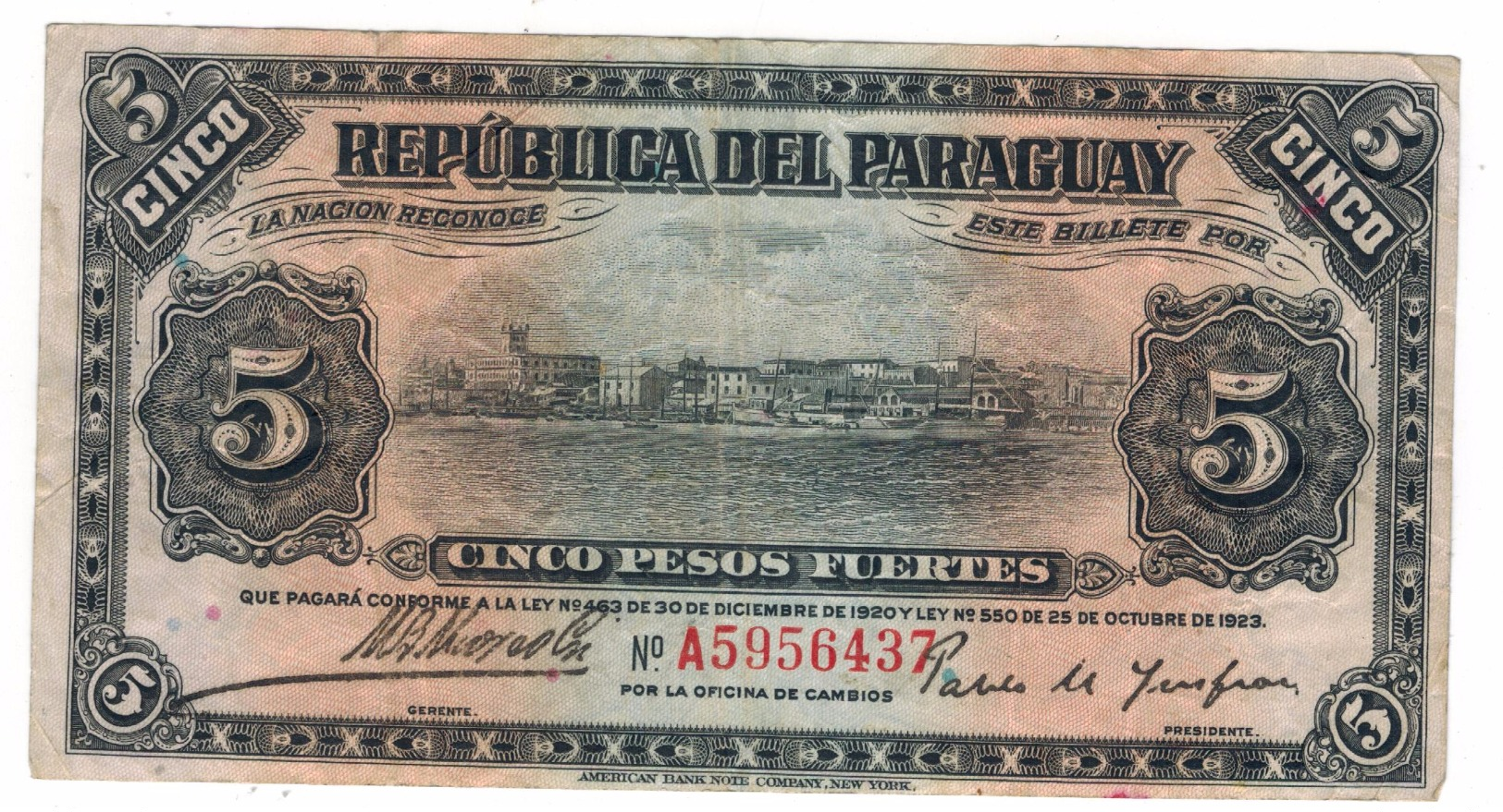 Paraguay 5 Pesos Fuertes, L.1923 , F/VF. Free Ship. To USA. - Paraguay