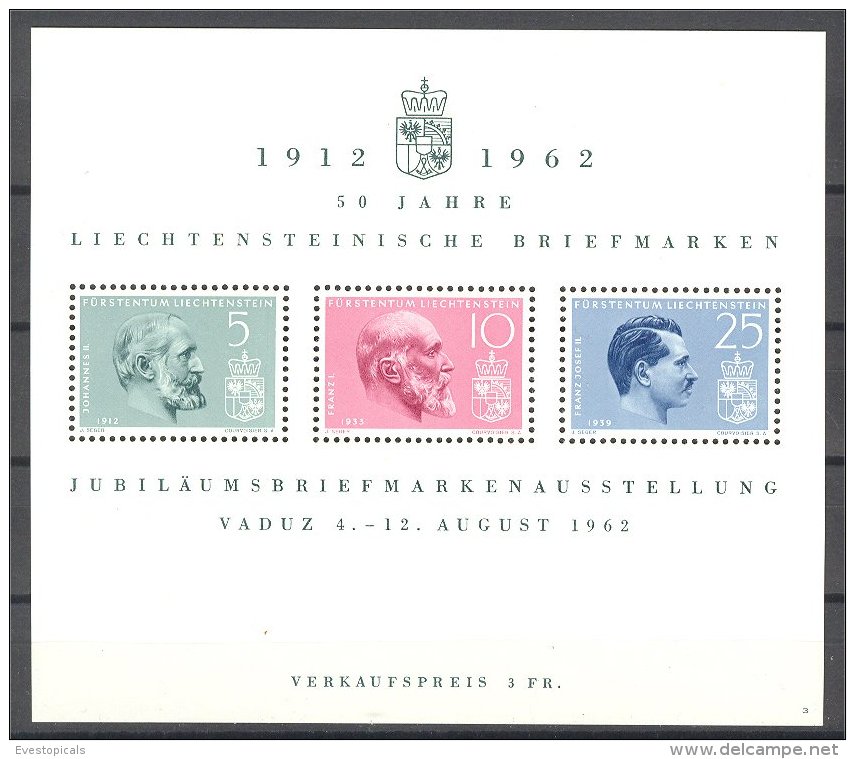 LIECHTENSTEIN, SHEETLET 50 YEARS OF LIECHTENSTEINIAN  STAMPS 1962, MINT NEVER HINGED - Blocks & Sheetlets & Panes