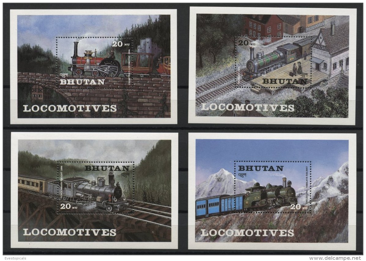 BHUTAN, LOCOMOTIVES, 4 DIFFERENT SOUVENIR SHEETS 1984, MNH - Bhutan