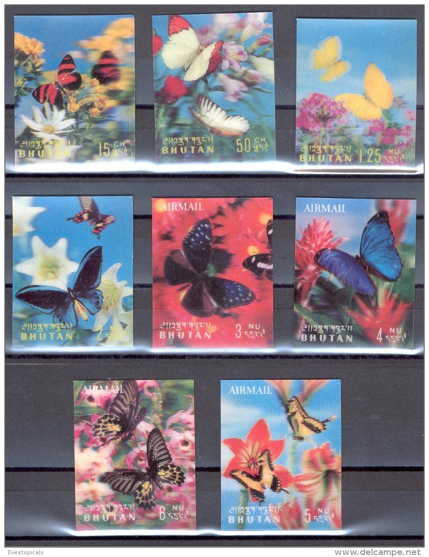 BHUTAN, THREE EXCELLENT 3-D SETS, REDUCED PRICE, Cars, Animals, Butterflies MNH! - Bhoutan