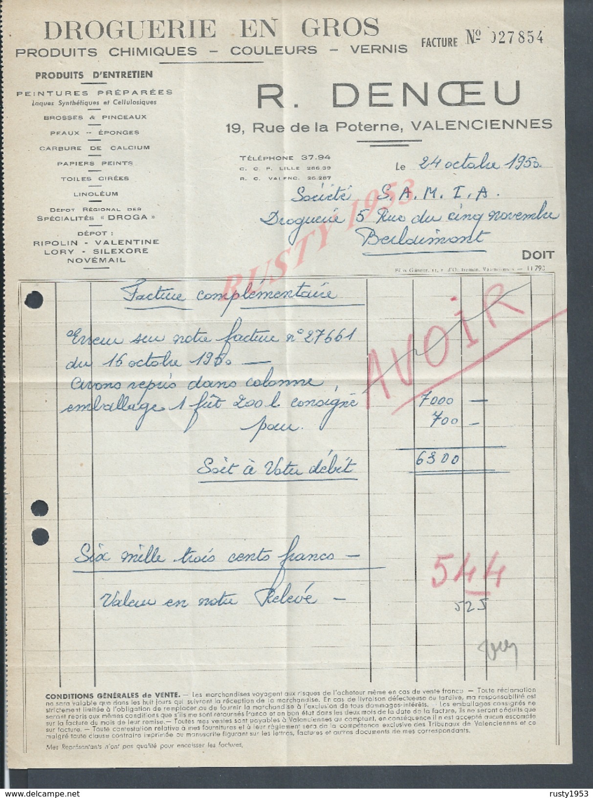 FACTURE DE 1953 R. DENOEU DROGUERIE EN GROS À VALENCIENNES : - Droguerie & Parfumerie