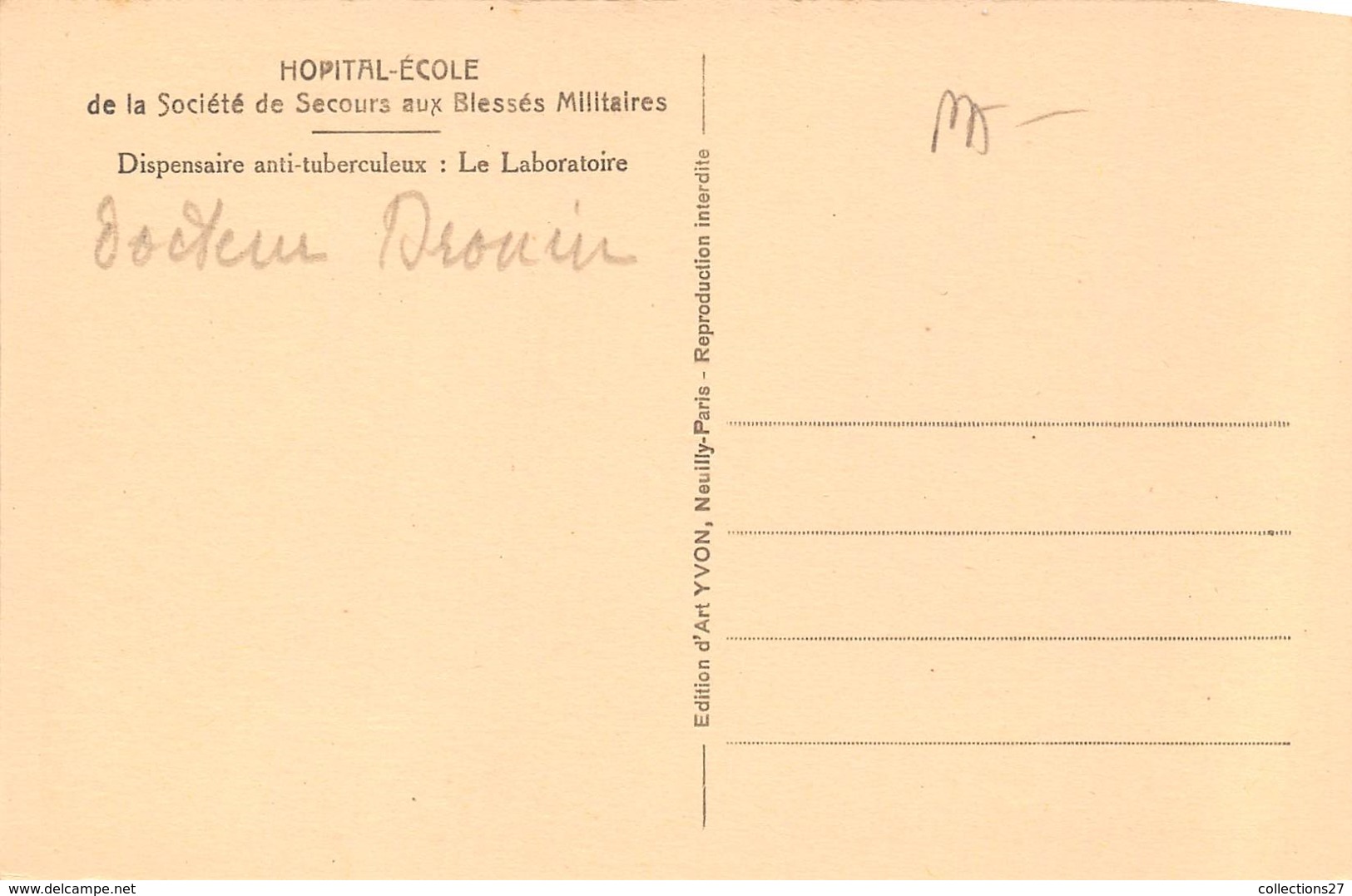 75-PARIS 13e- HOPITAL ECOLE, DE LA STE DE SECOURS AUX BLESES MILITAIRES, DISPENSAIRE ANTI-TUBERCULEUX, LE LABORATOIRE - Arrondissement: 13