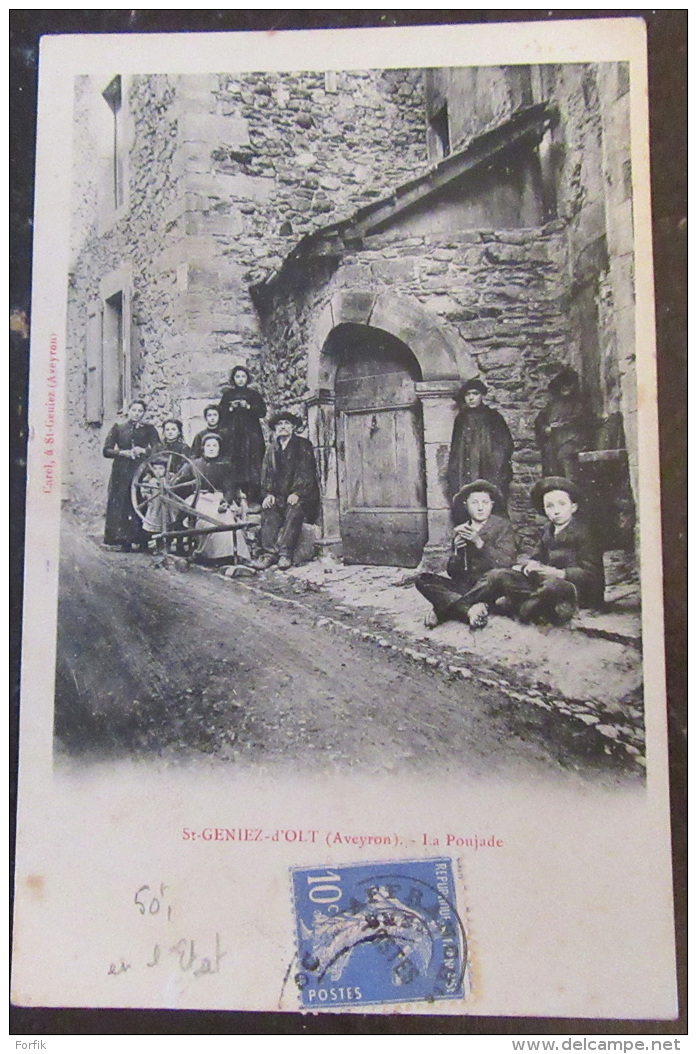 Carte Postale Animée St Geniez D'Olt - La Poujade + Timbres Semeuse 5c N°137 Et 10c Pré-oblitéré N°52 - Autres & Non Classés