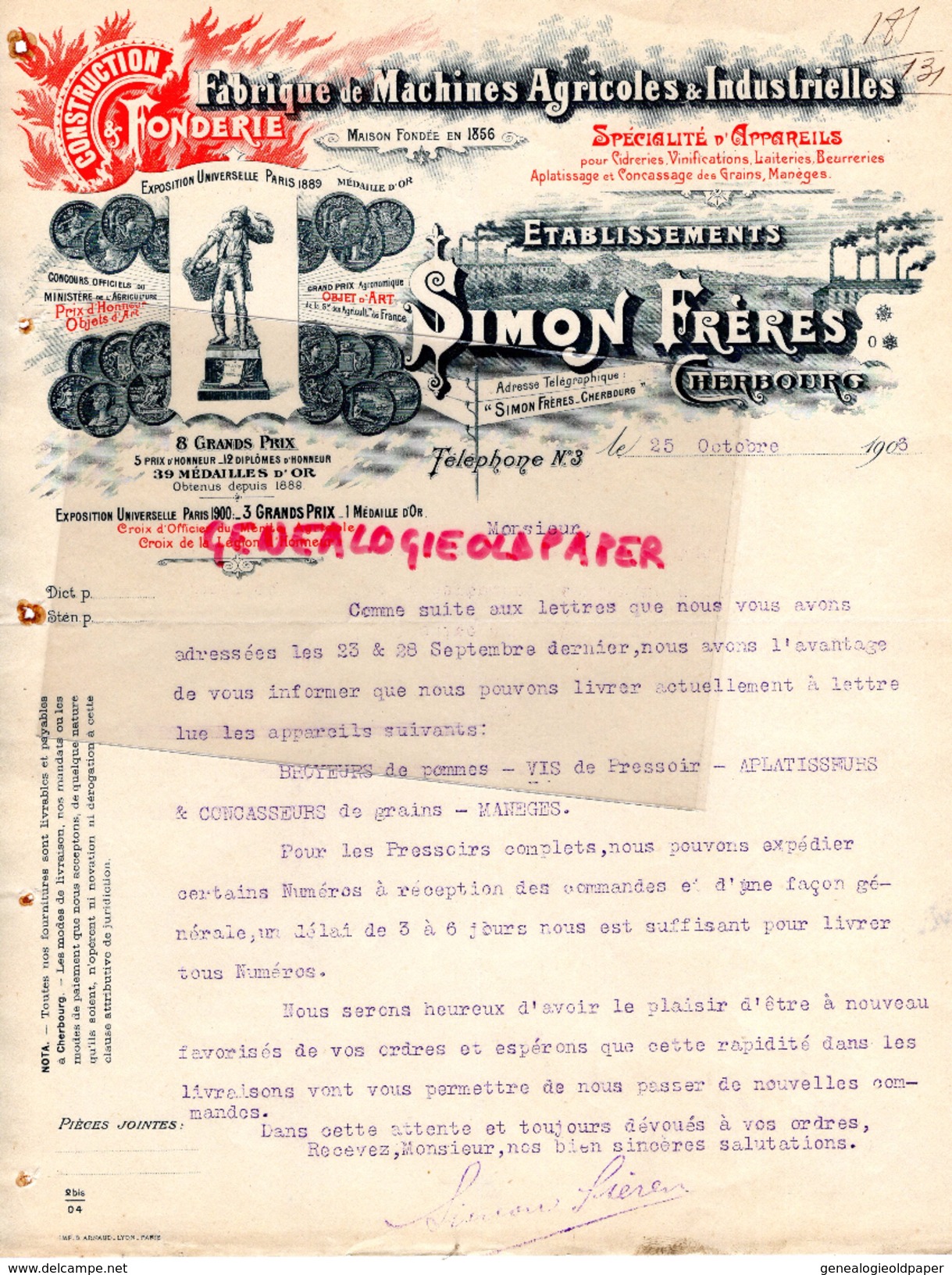 50 - CHERBOURG- FACTURE SIMON FRERES- FABRIQUE MACHINES AGRICOLES INDUSTRIELLES- FONDERIE-LAITERIE-BEURRERIE-1906 - Petits Métiers