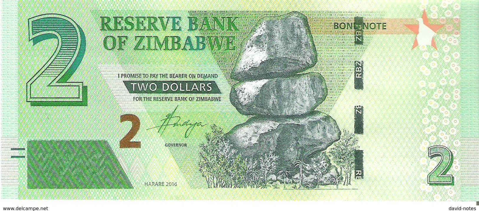 Zimbabwe - Pick New - 2 Dollars 2016 - Unc - Bond Note - Zimbabwe