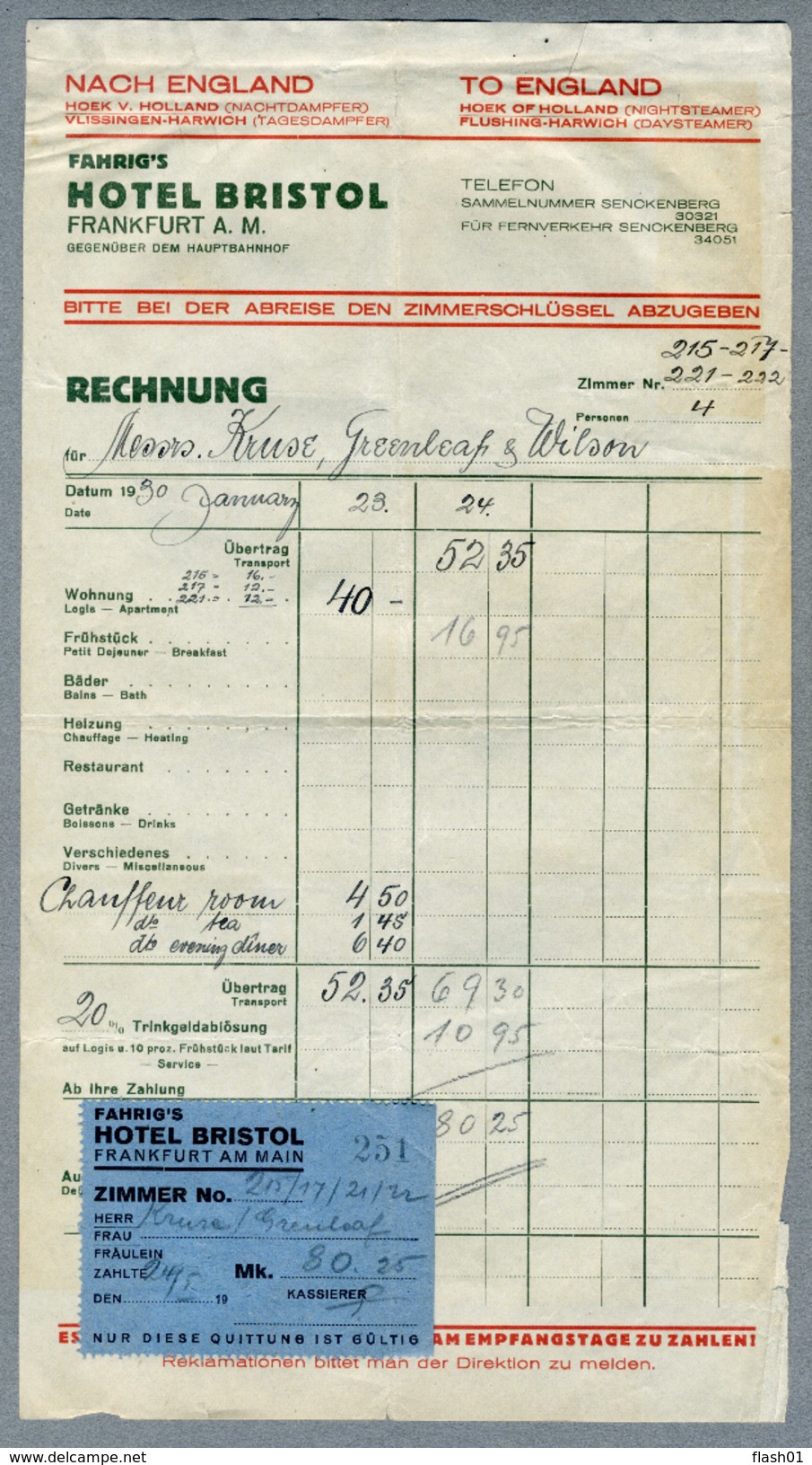 Invoice Receipt Hotel Bristol, Frankfurt, Germany 1930 - 1900 – 1949