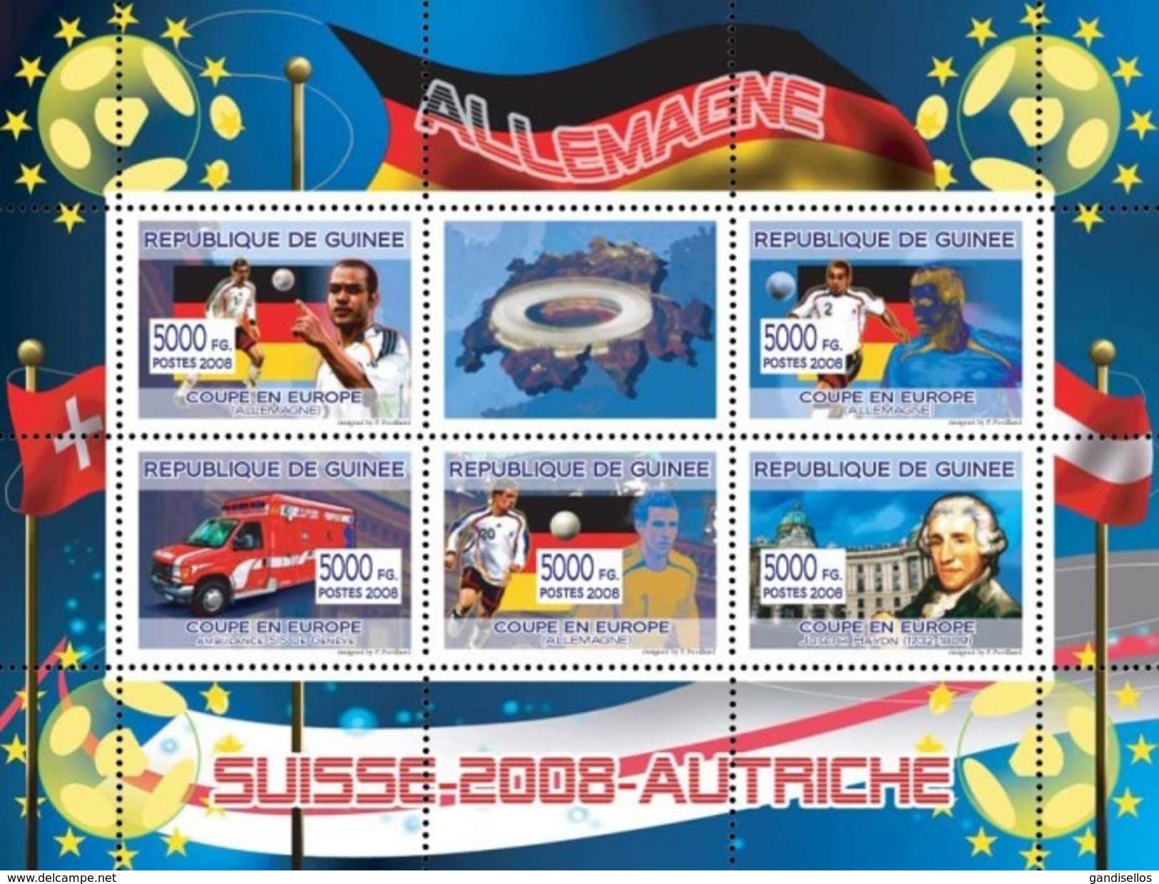 GUINEA 2008 SHEET EURO CUP GERMANY GERMAN FOOTBALL PLAYERS SWITZERLAND AUSTRIA SOCCER HAYDN COMPOSERS Gu0801 - Guinea (1958-...)