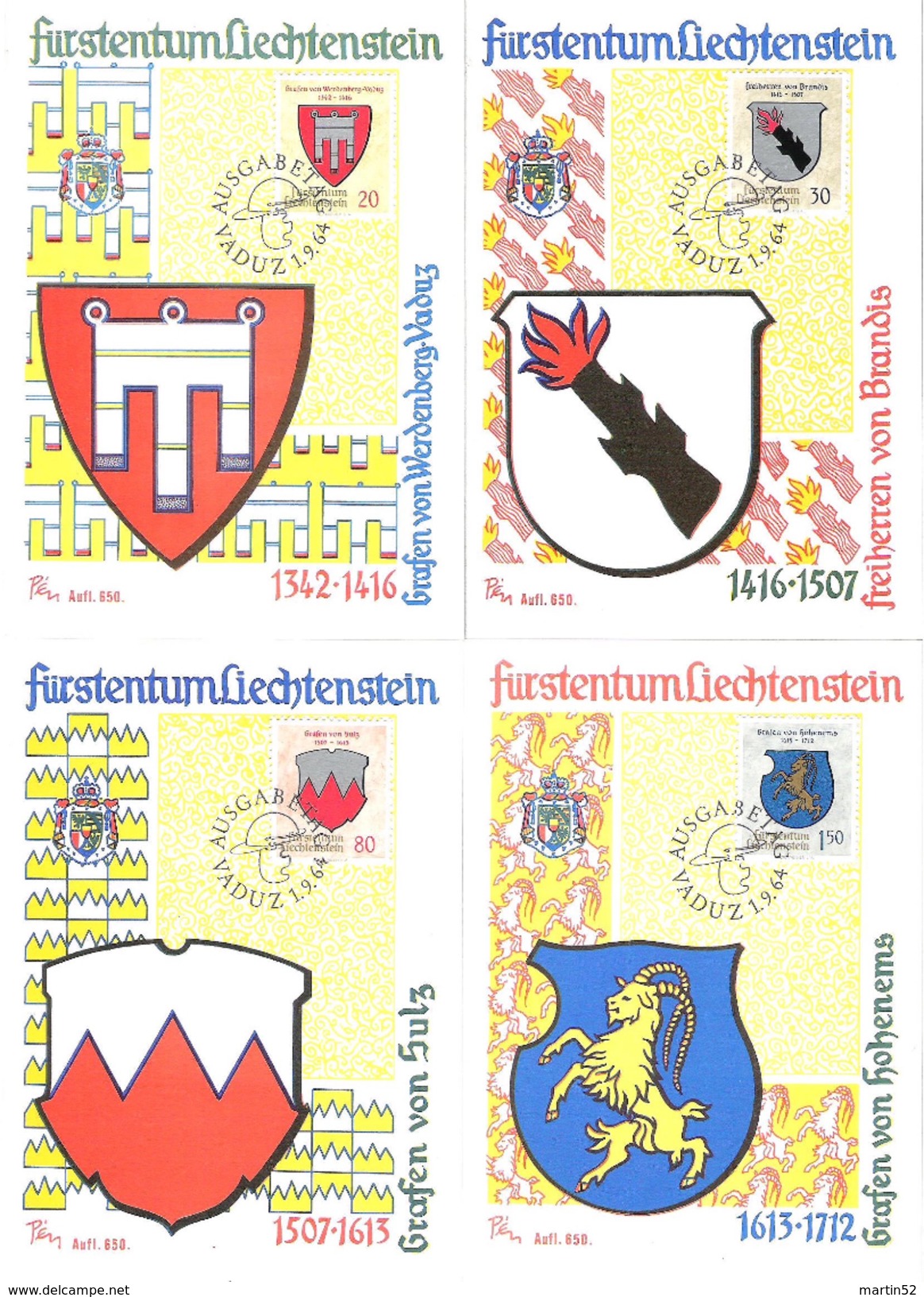 Liechtenstein 1964: MK "Wappen I" Mit Zu 375-378 Mi 440-443 Yv 389-392 Mit ET-o VADUZ 1.9.64 - Cartes-Maximum (CM)