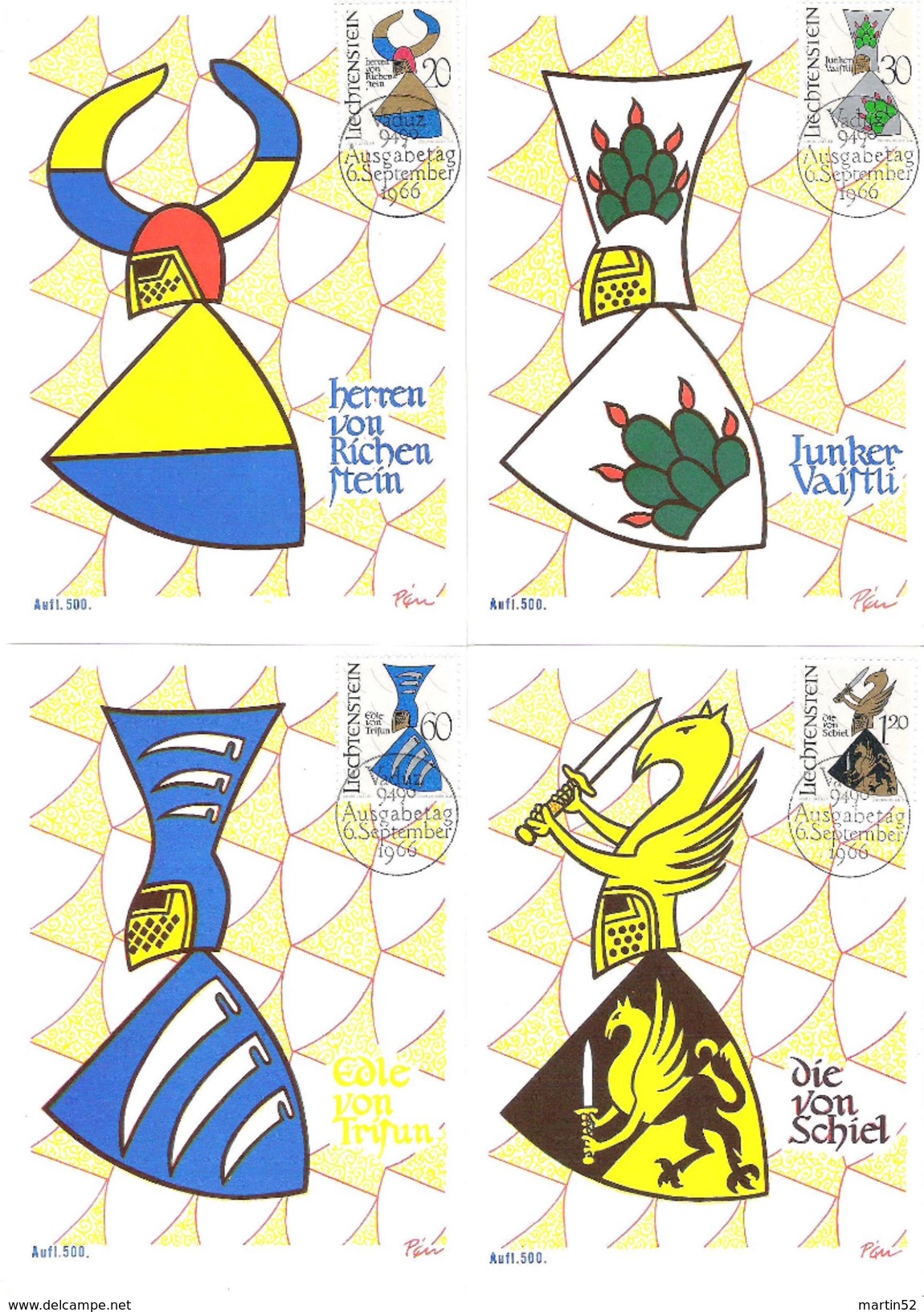Liechtenstein 1965: MK "Wappen III" Mit Zu 400-403 Mi 465-468 Yv 413-416 Mit ET-o VADUZ 6.9.1966 - Cartes-Maximum (CM)