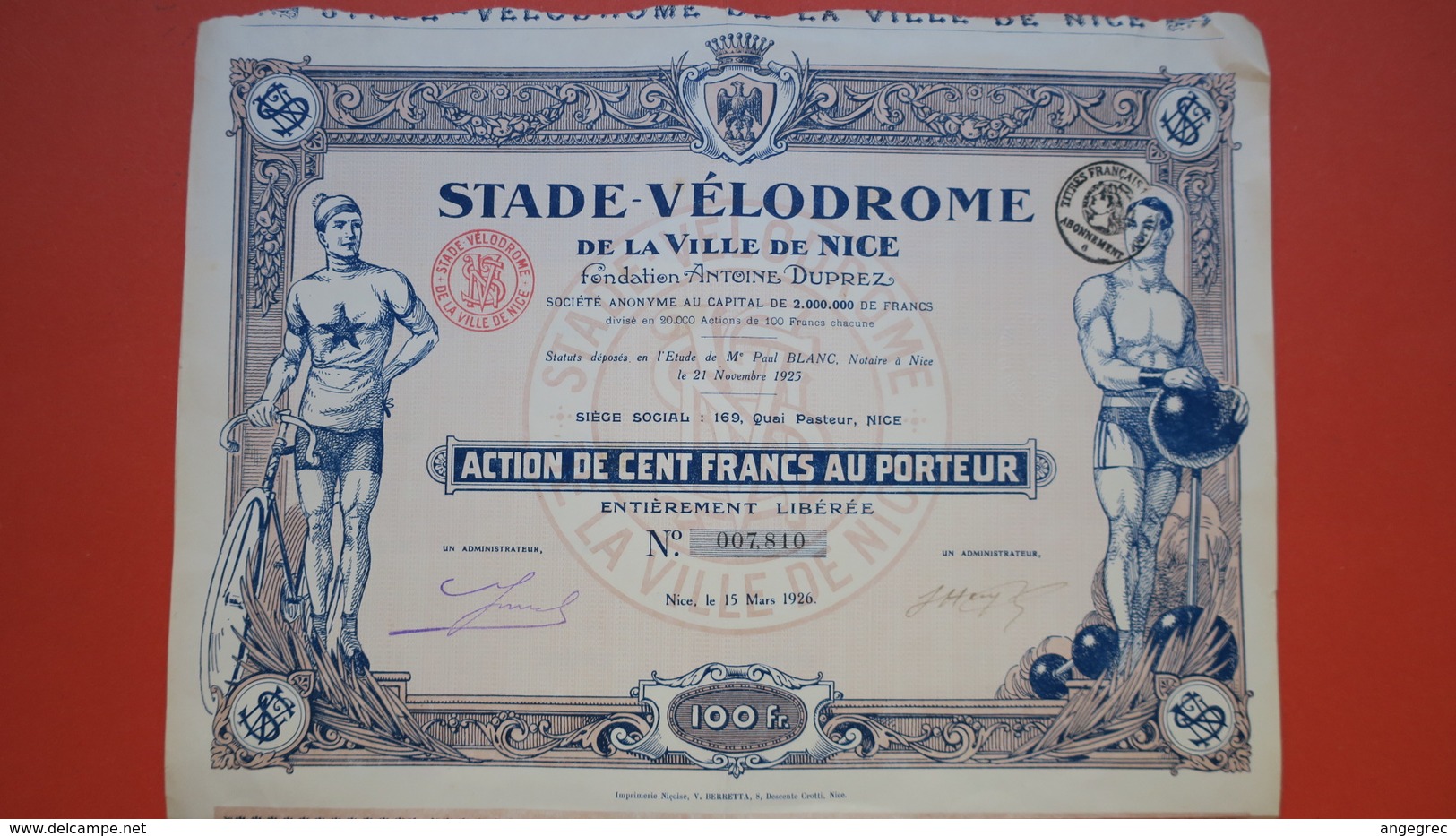 Actions De 100 Francs Au Porteur - Stade Vélodrome De La Ville De Nice 25 Coupons   N° 07,810 - Transport