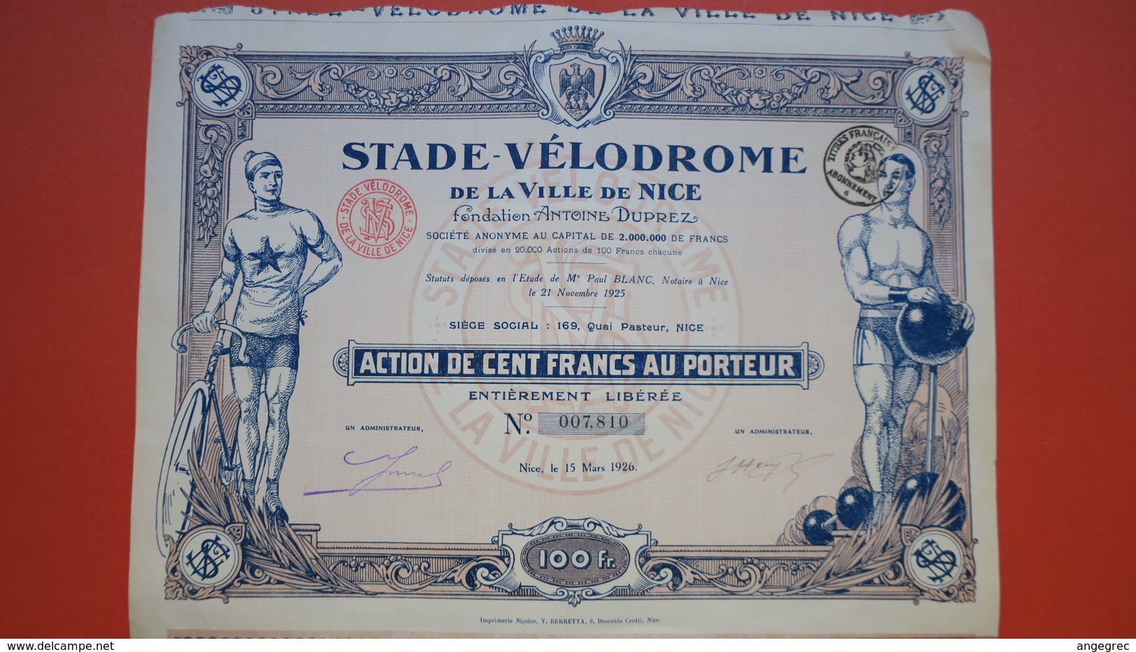 Actions De 100 Francs Au Porteur - Stade Vélodrome De La Ville De Nice 25 Coupons   N° 07,810 - Transports