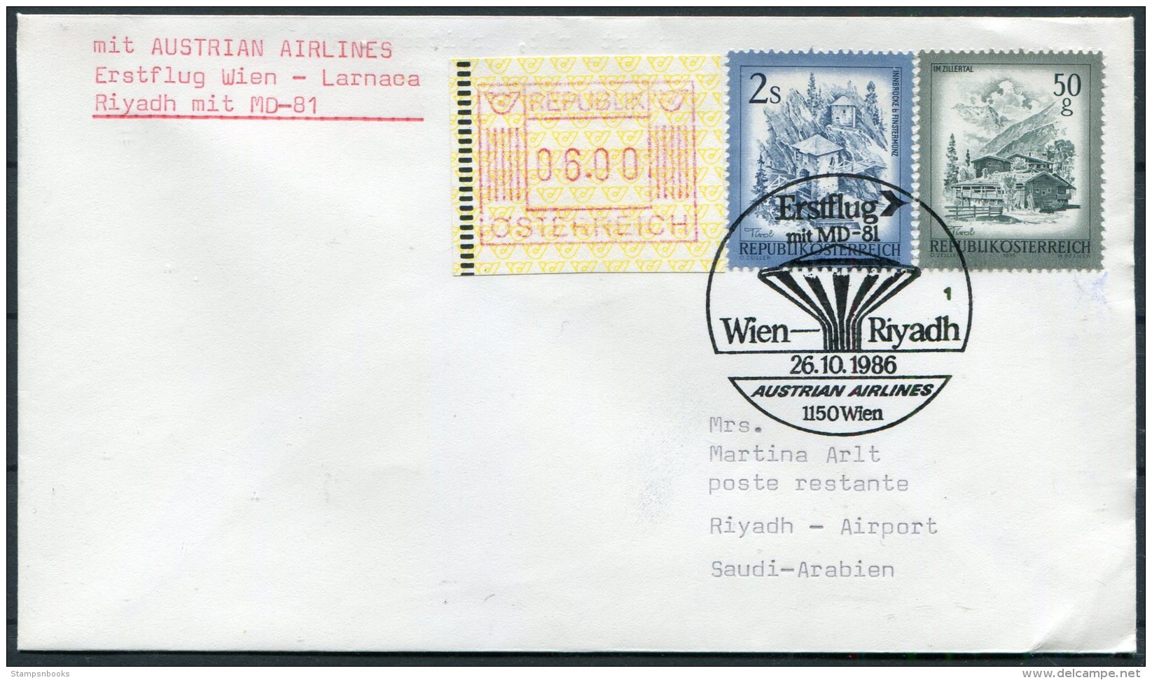 1986 Austria / Saudi Arabia Austrian Airlines First Flight Cover. Wien - Riyadh ATM FRAMA - Other & Unclassified