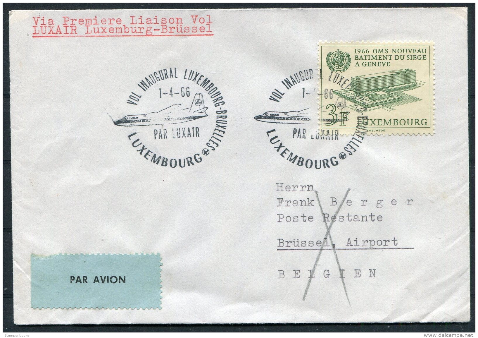 1966 Luxembourg Belgium LUXAIR First Flight Cover Europa - Brussels - Lettres & Documents