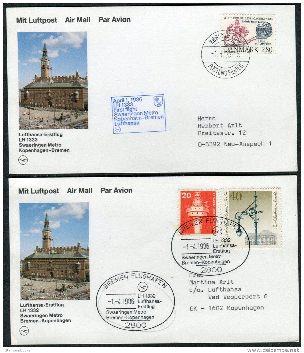 1986 Denmark Germany Lufthansa First Flight Cards(2) Copenhagen / Bremen - Airmail