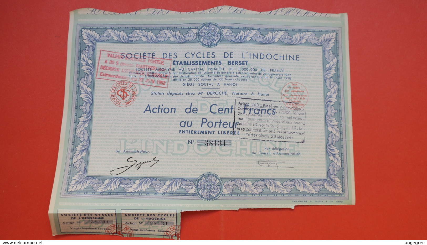 Actions De 100 Francs Au Porteur -  Société De Cycles De L'Indochine - Hanoi   2  Coupons    TBE  N° 38,131 Rare - Trasporti