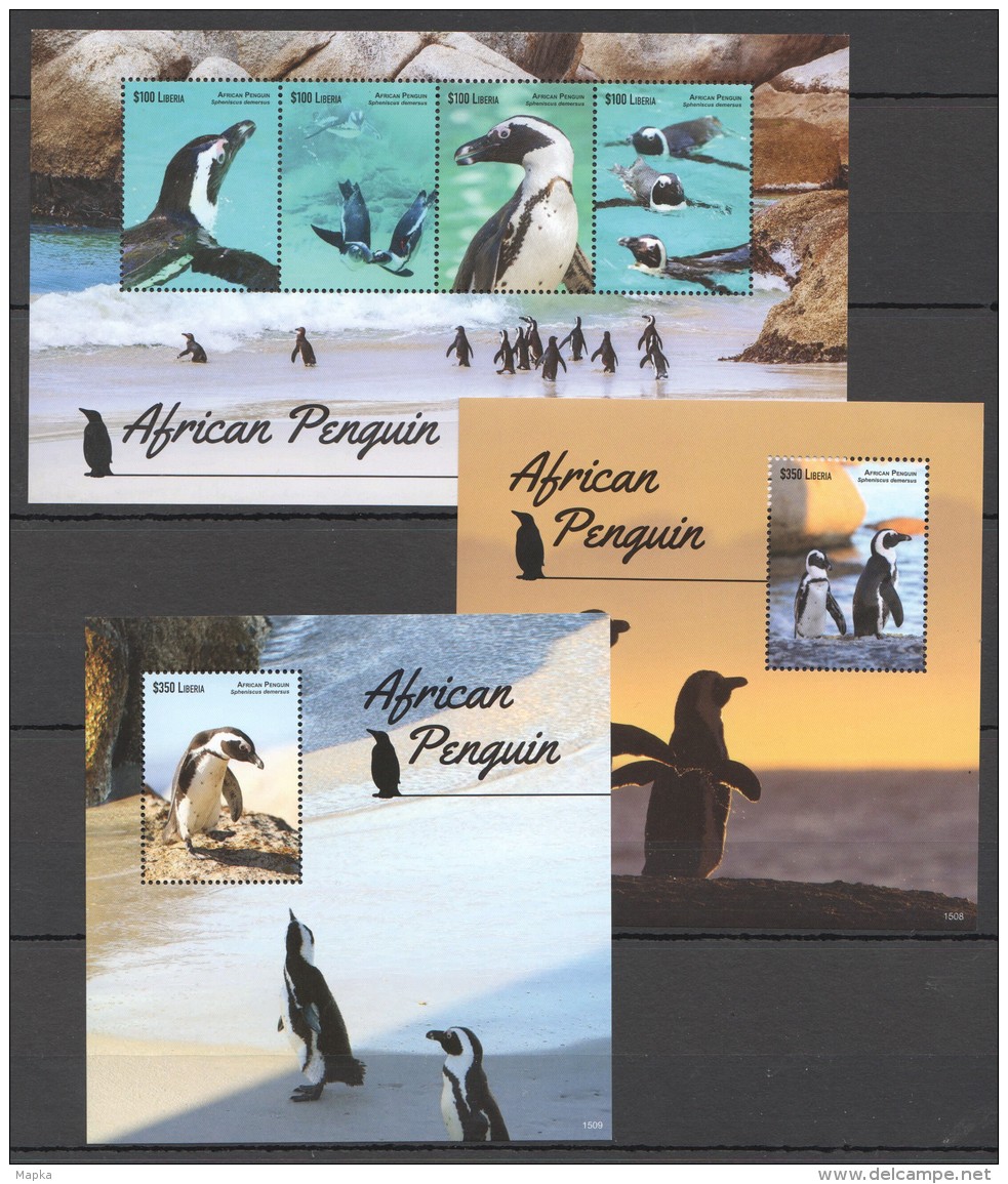 RR71 2015 LIBERIA FAUNA BIRDS AFRICAN PENGUIN 1KB+2BL MNH - Pinguine