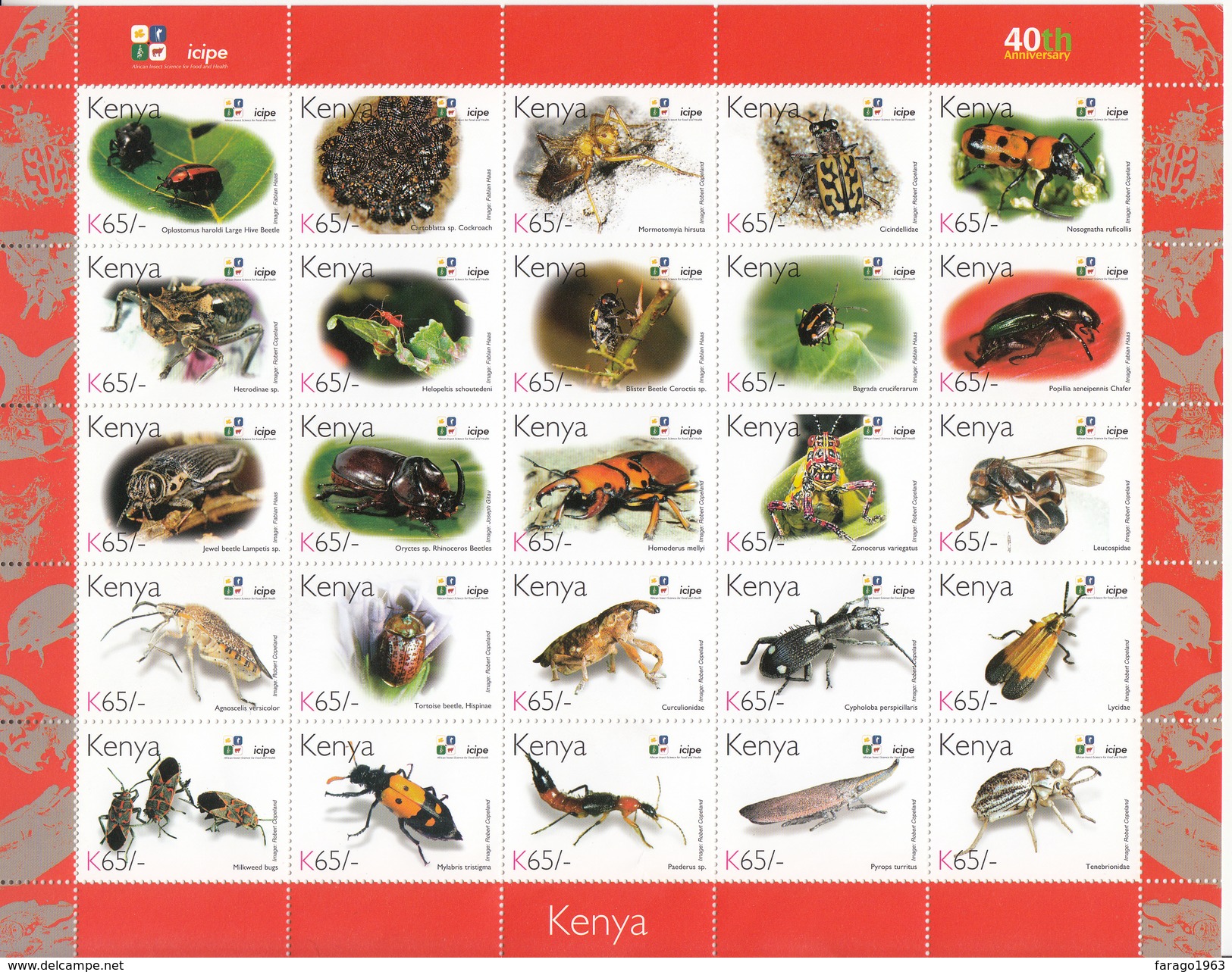 2011  Kenya ICIPE Insects 65 Shilling  Complete Sheet Of 25 Different MNH Stamps ICIPE Is Based In East Africa! - Kenya (1963-...)