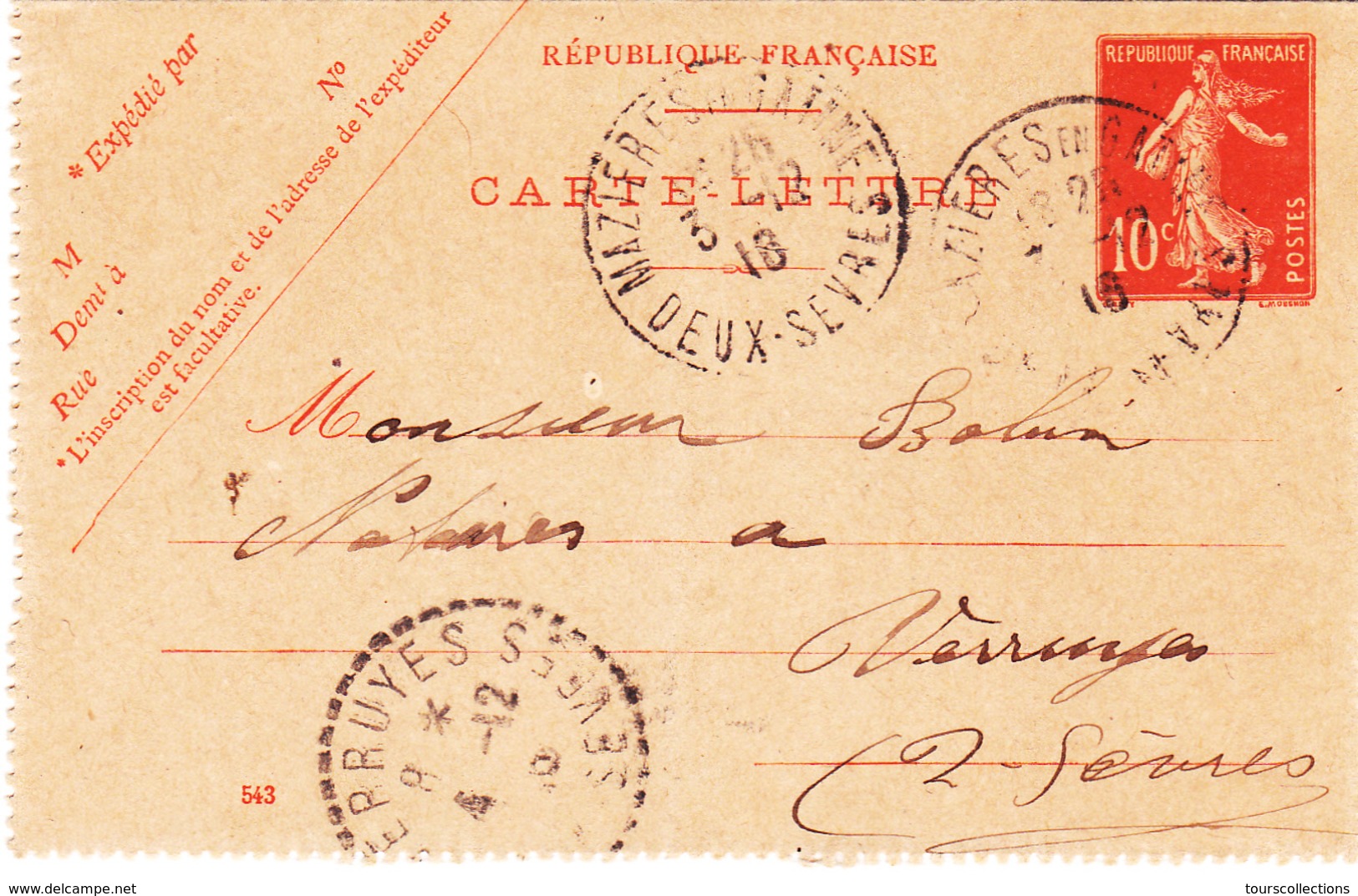 CARTE LETTRE De 1918 - Mazières En Gatines à Verruyes Deux Sèvres 79 Cachet Manuel Pointillé Entier Postal 10 C Semeuse - Cartes-lettres