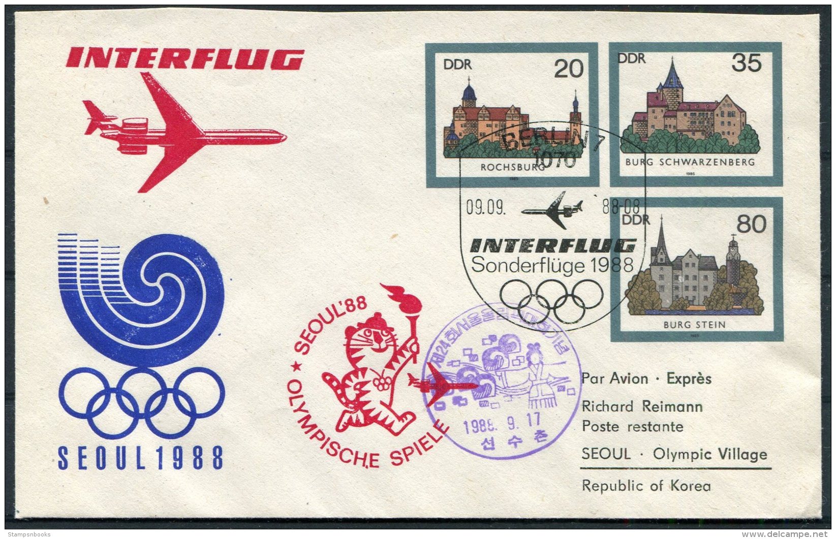 1988 DDR Berlin Seoul Korea Olympics Interflug Flight Stationery Cover. Rochsburg, Burg Schwarzenberg, Burg Stein - Umschläge - Gebraucht