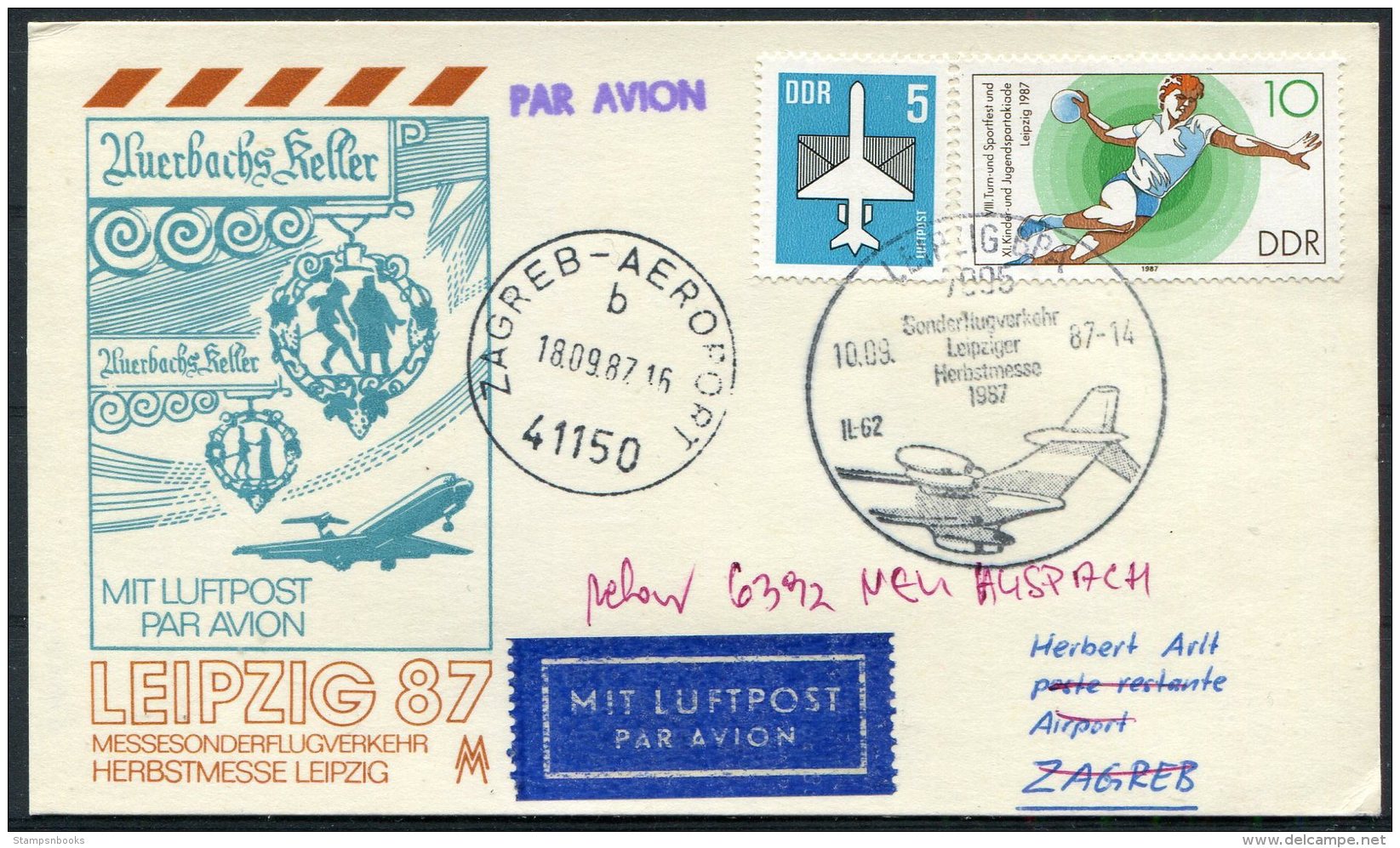 1987 DDR Leipzig Messe Luftpost Flight Postcard - Zagreb - Briefe U. Dokumente