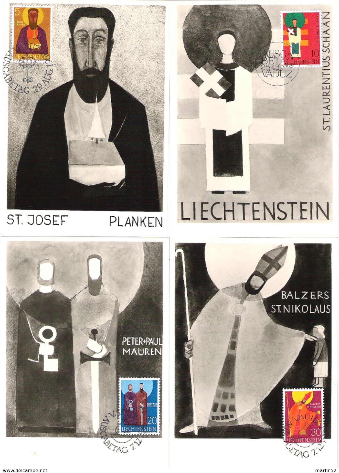 Liechtenstein 1967/68: 12 MK "Kirchenpatrone" Mit Zu 421-432 Mi 486-494+500-2 Yv 438-445+451-453 Mit ET-o - Cartes-Maximum (CM)