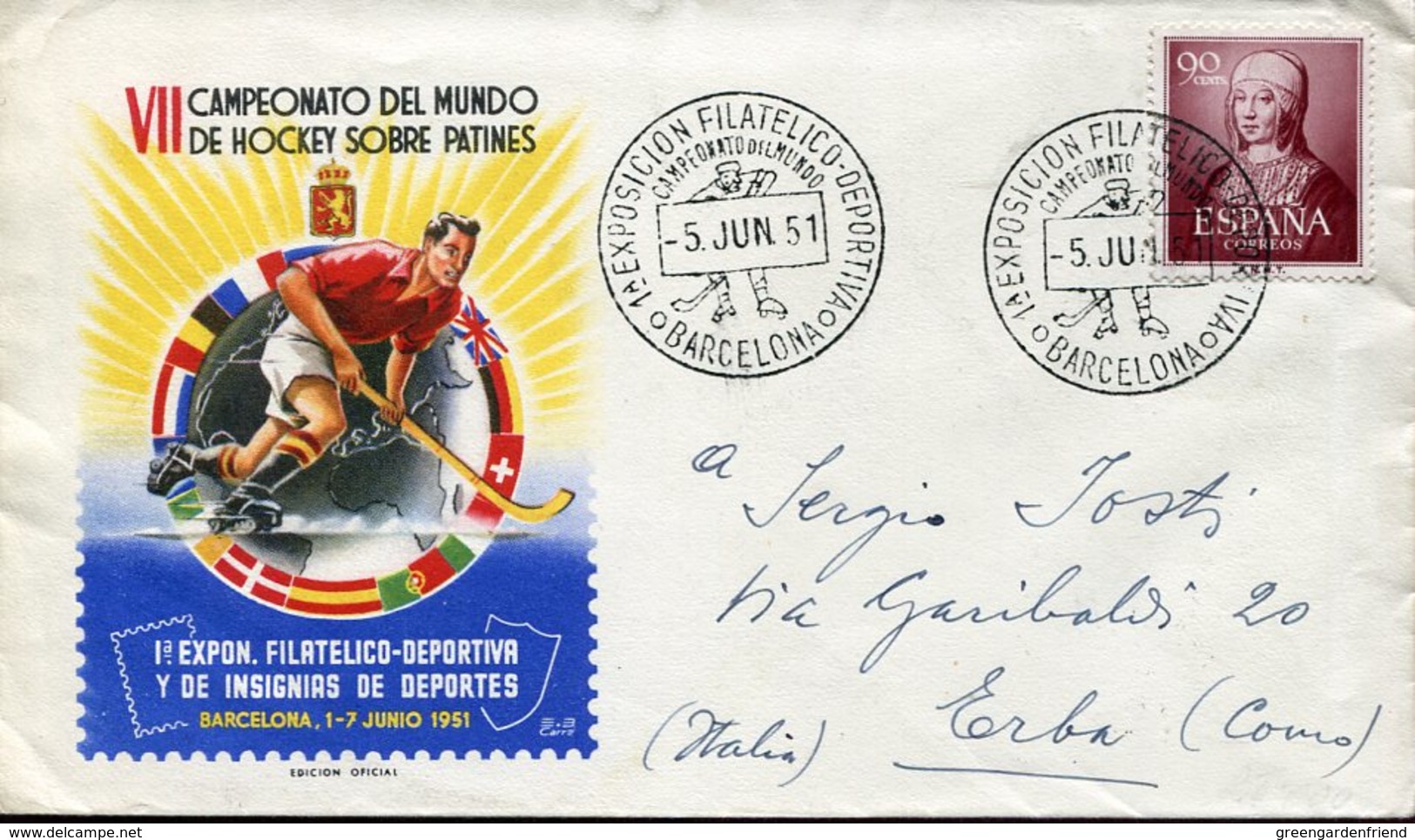 21731 SPAIN, Special Cover Circuled Registered 1951 Barcelona, World Roller Rink Hockey Champ. - Other & Unclassified