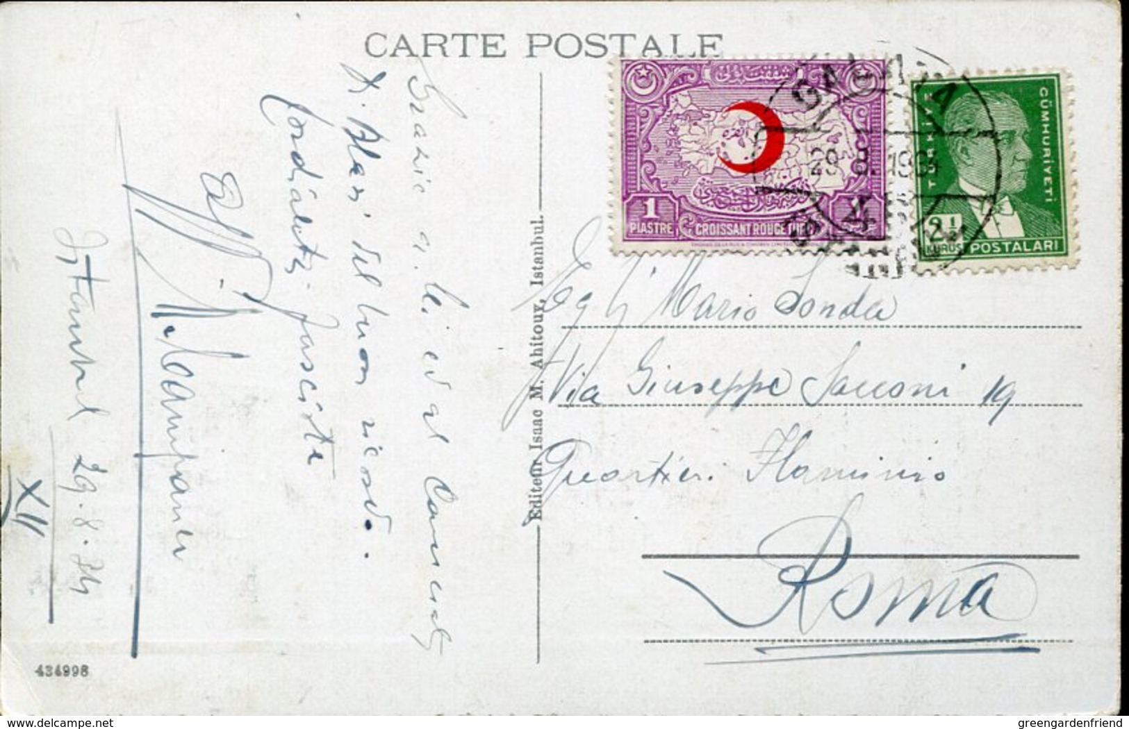 21749 Turkey, Circuled Card 1934 From Istanbul To Italy - Covers & Documents