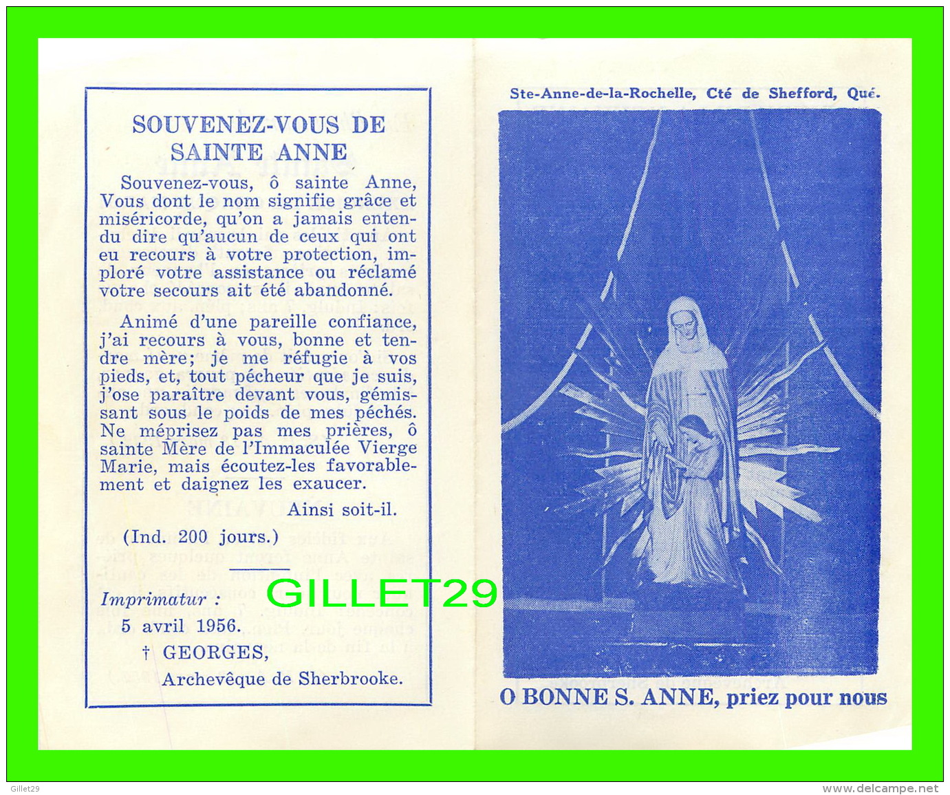 IMAGES RELIGIEUSES - O BONNE SAINTE-ANNE, PRIEZ POUR NOUS - STE ANNE DE LA ROCHELLE, QUÉBEC -  4 PAGES  1956 - - Images Religieuses