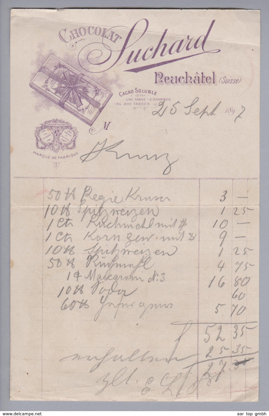 Motiv Schokolade Suchard Reklame Rechnung M. Kunz 1897-09-25 Litho - Alimentation