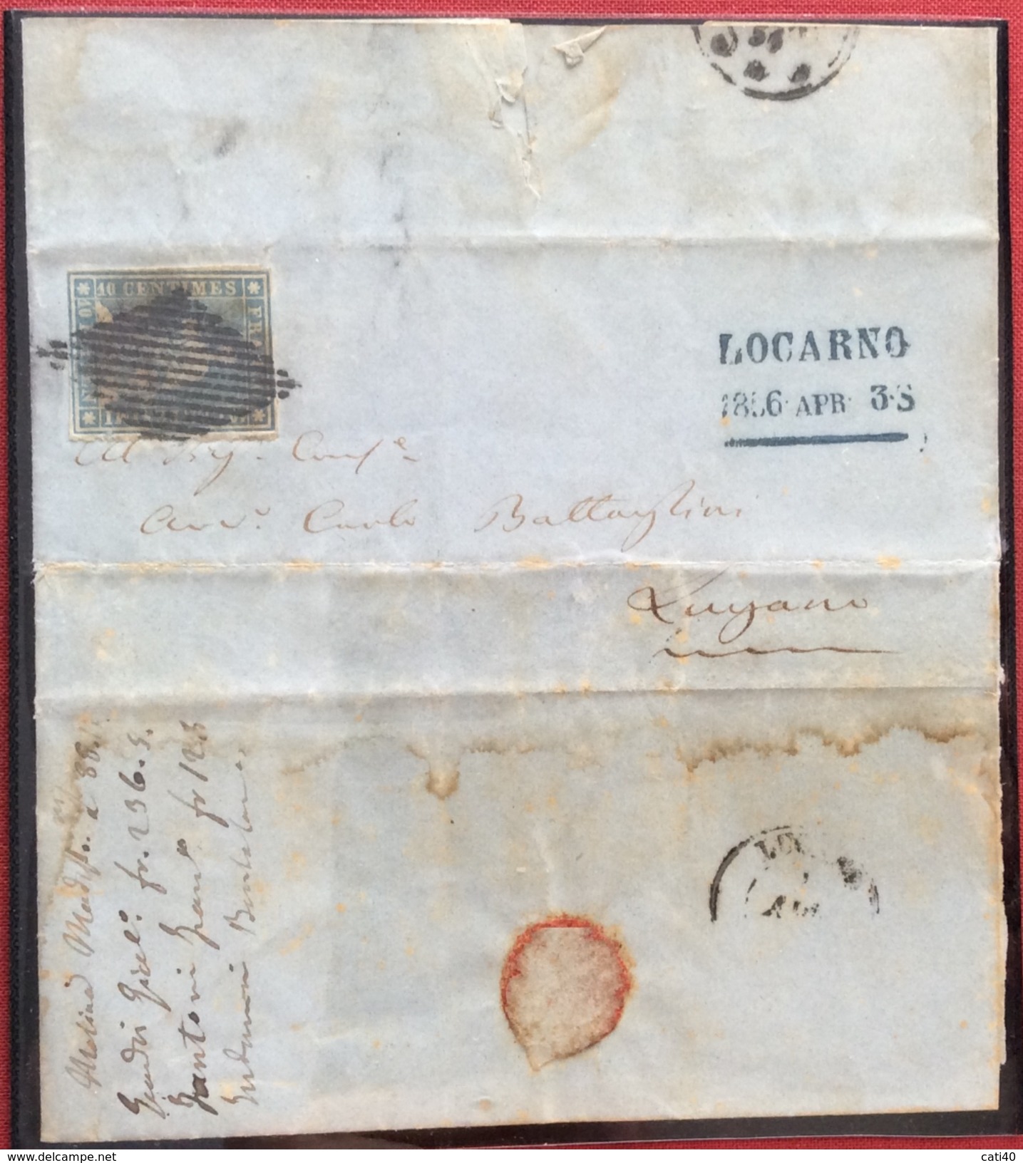 SVIZZERA 1856 LOCARNO 3 APRILE + ANNULLO GRIGLIA SU 10 R. Su Busta Con Testo Per LUGANO - Lettres & Documents