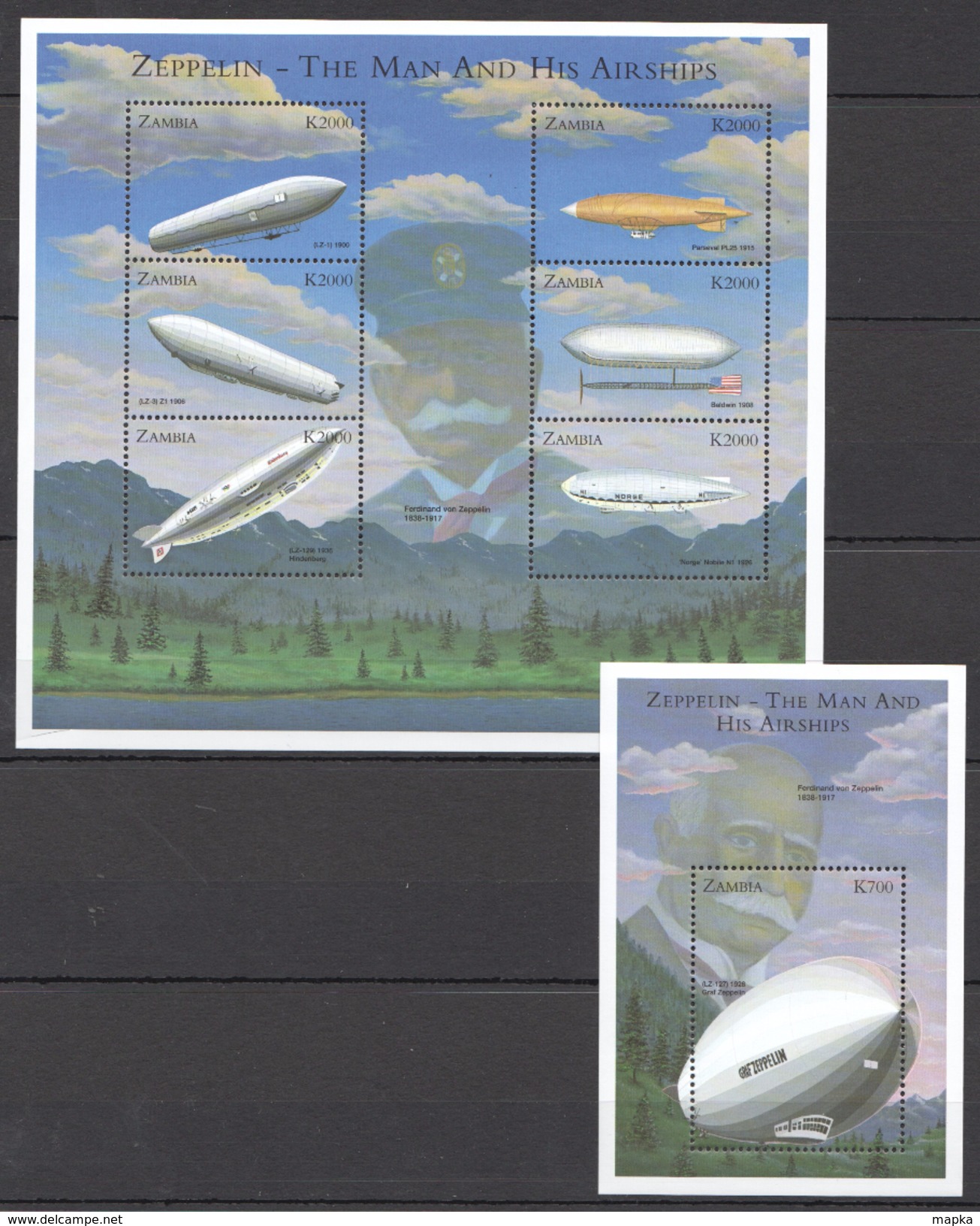 QQ162 ZAMBIA TRANSPORTATION AVIATION ZEPPELIN THE MAN & HIS AIRSHIPS 1KB+1BL MNH - Zeppelins