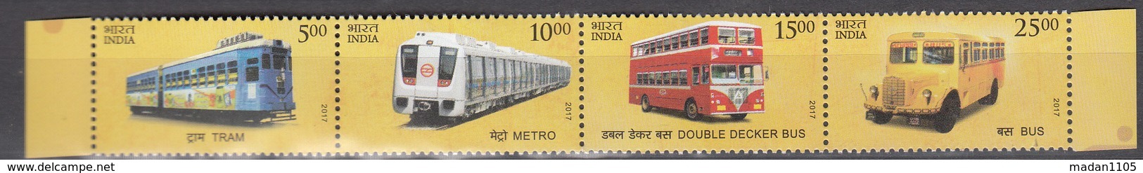 INDIA, 2017,Means Of TRANSPORT, PUBLIC  UTILITY, Set Of 4  Stamps Setenant, Buses, Metro Train, Tram,  MNH (**) - Unused Stamps