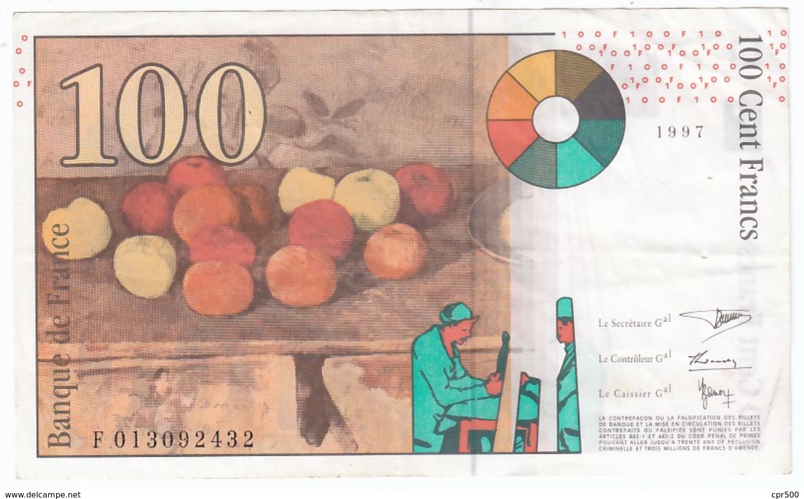 100 Francs Cézanne 1997, Fayette 74.01 P158,N° F013092432, Etat : SUP - 100 F 1997-1998 ''Cézanne''