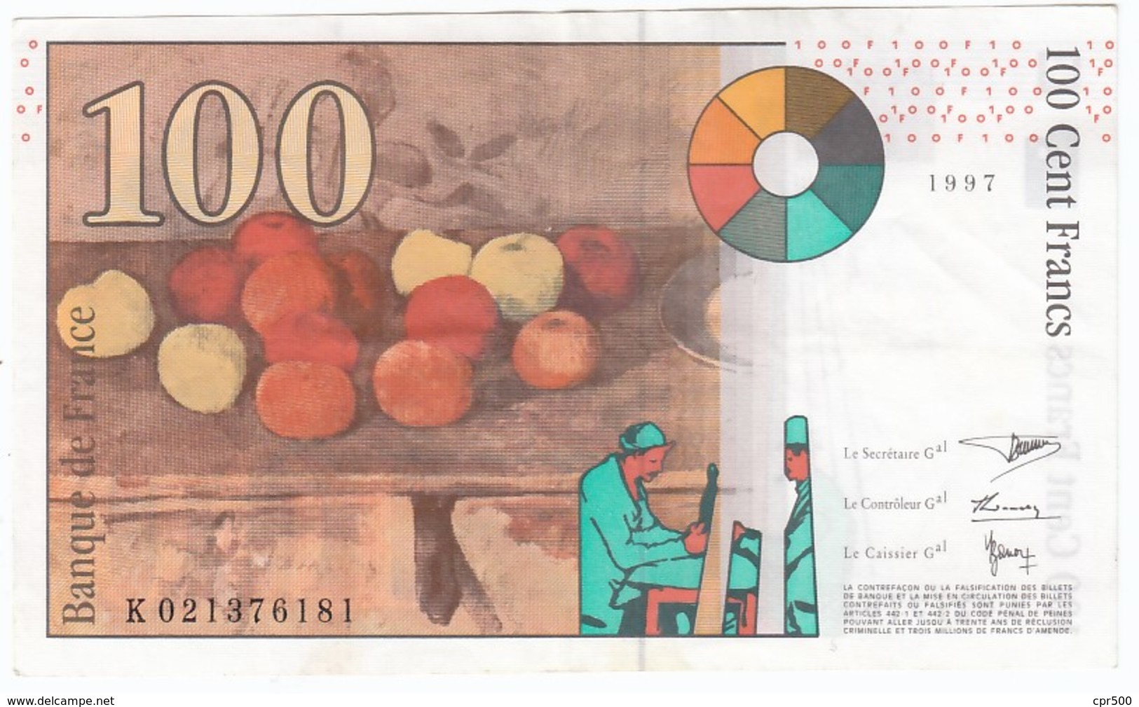 100 Francs Cézanne 1997, Fayette 74.01 P158,N° K021376181, Etat : SUP - 100 F 1997-1998 ''Cézanne''