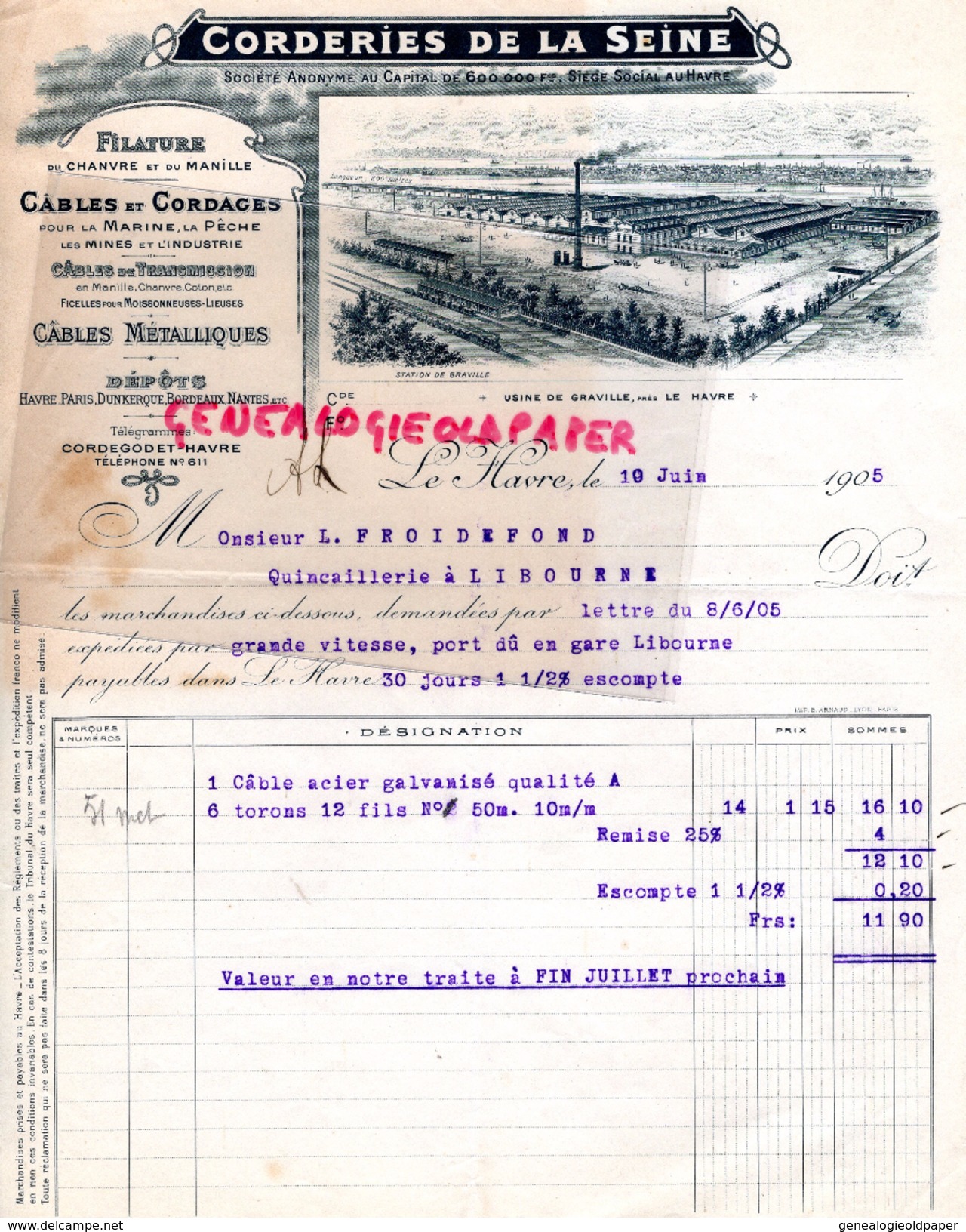 76 - LE HAVRE- FACTURE CORDERIES DE LA SEINE- FILATURE CHANVRE ET LIN- CABLES CORDAGES- USINE DE GRAVILLE- 1905 - Petits Métiers