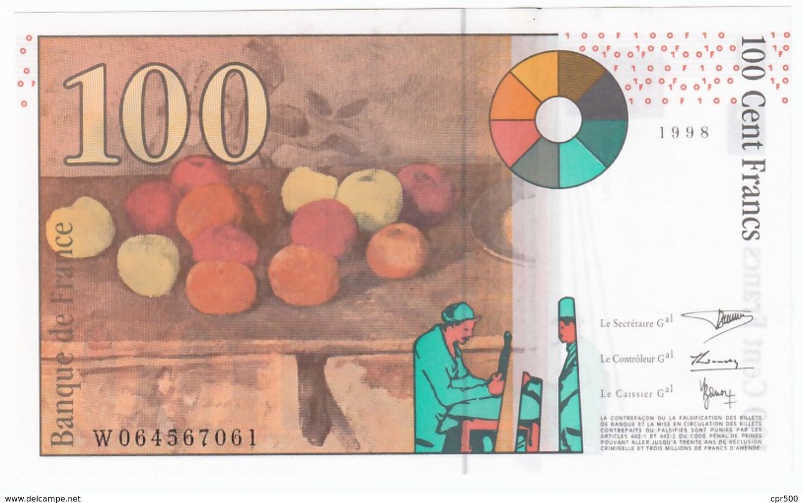 100 Francs Cézanne 1998, Fayette 74.02 P158,N° W064567061, Etat : NEUF - 100 F 1997-1998 ''Cézanne''