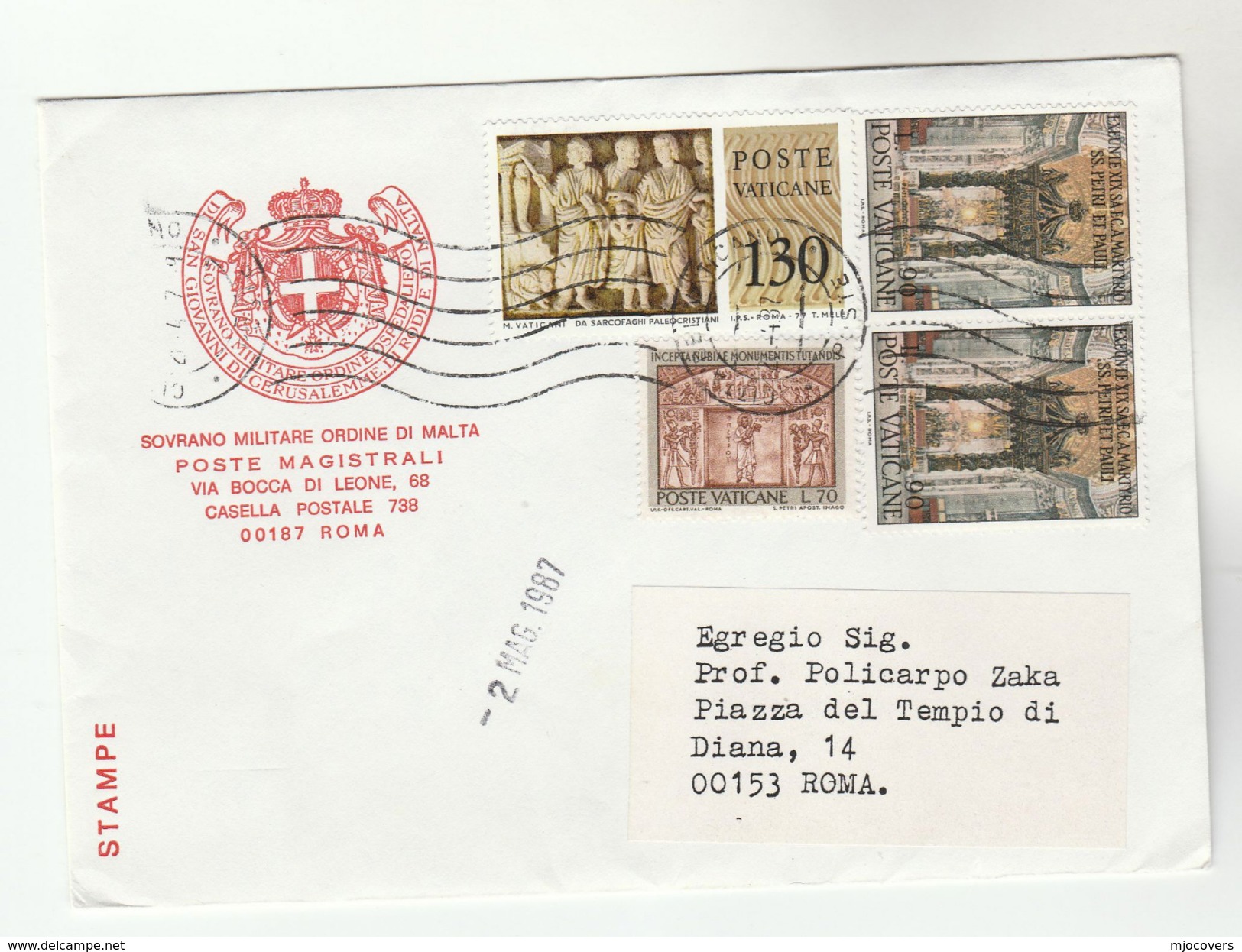1987 VATICAN COVER From SOVEREIGN MILITARY ORDER OF MALTA To Prof Zaka Rome, Stamps Religion - Covers & Documents