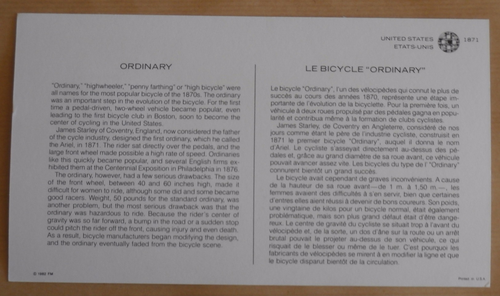 FDC Histoire Des Transports Le Bicycle Ordinaiy - Radsport