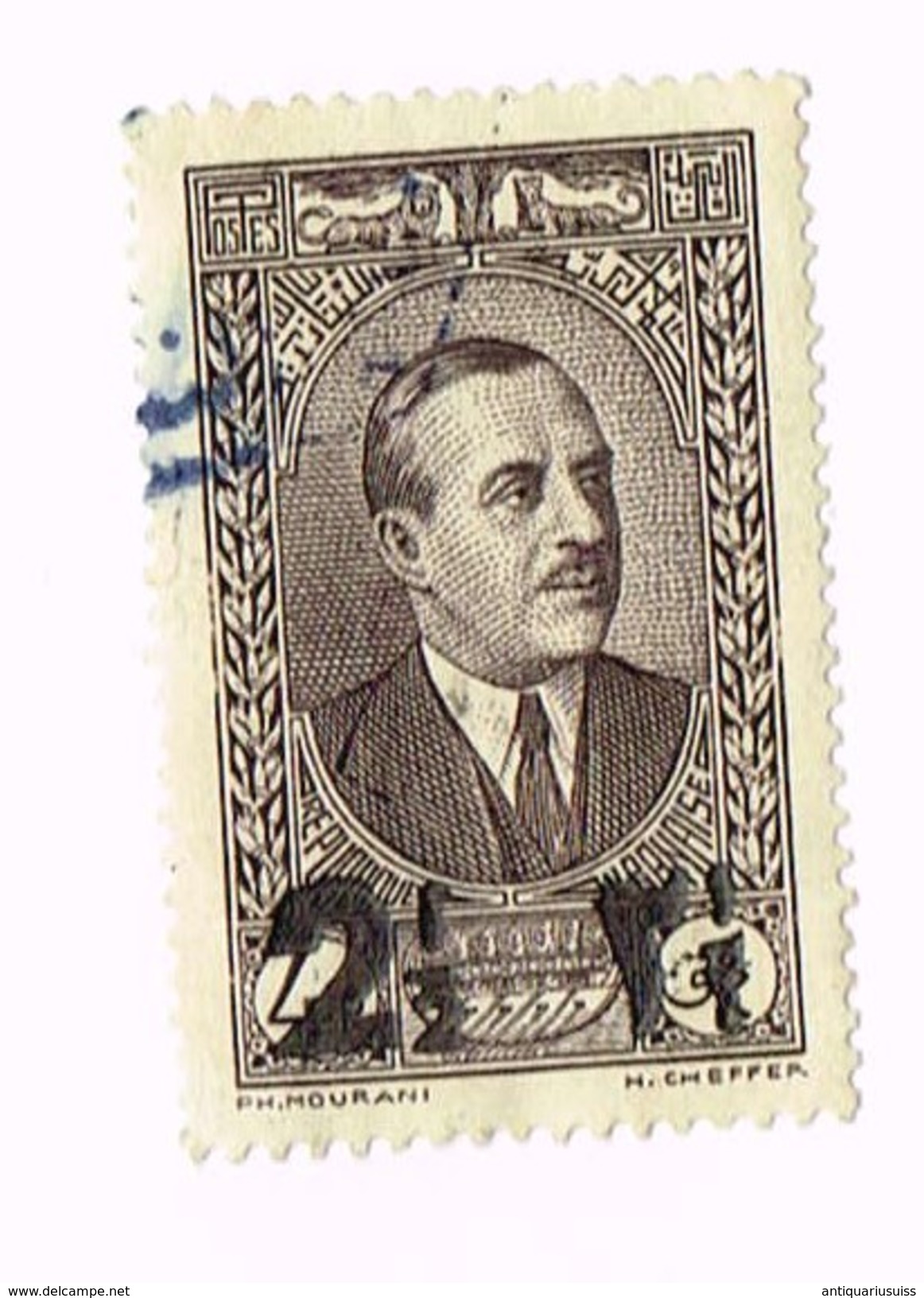 Émile Eddé , Liban , 1937-42 Scott 146 2 1/2p On 4p Black Brown "President Emile Edde" ,  2½ Lebanese Piastre - Liban