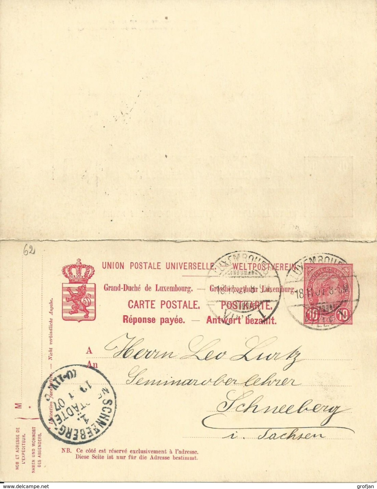 Carte Correspondance - Entier - Stationery - Korrespondenzkarte - No. 62 Carte Double De Luxembourg à Schneeberg / Sachs - Stamped Stationery
