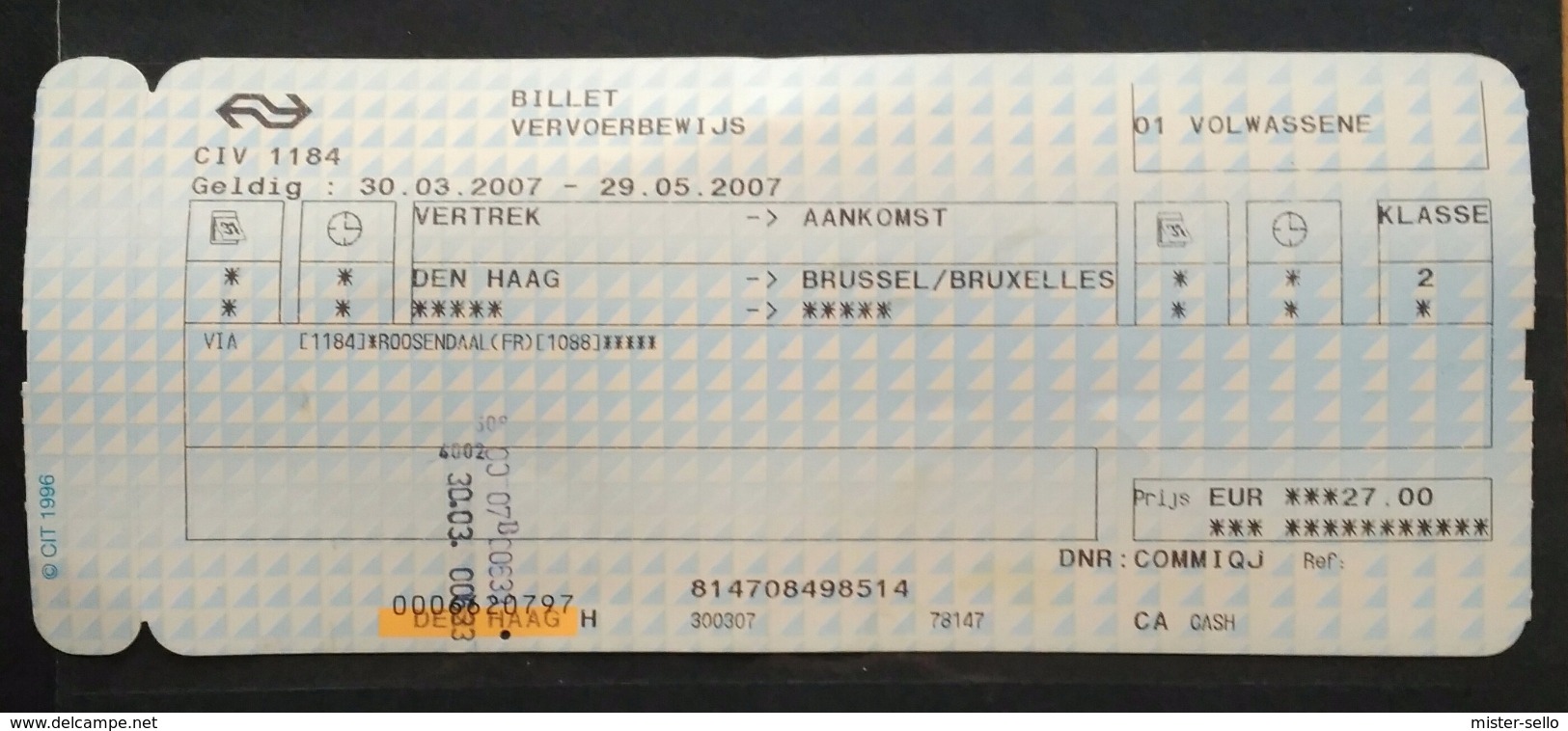 BILLETE DE TREN - LA HAYA - BRUSELAS. USADO - USED. - Europa