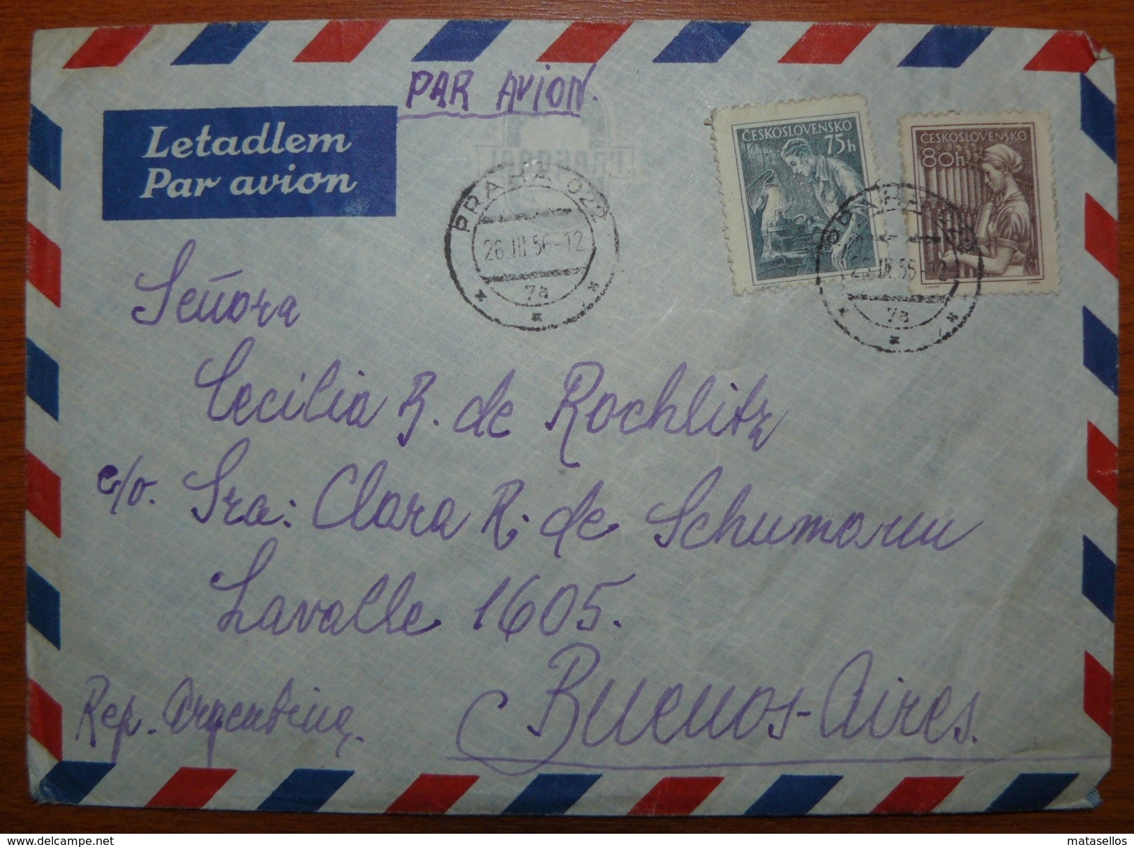 Letter - Cover - Sobre De Checoslovaquia 1956 - Enviada A Buenos Aires - Briefe U. Dokumente