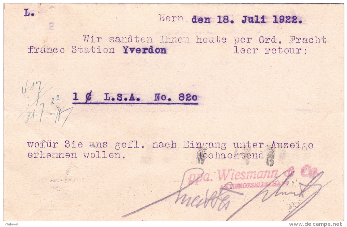Carte Commerciale Réponse De La Firme Wiesmann &amp; Co - Bern - 1922 - Collections